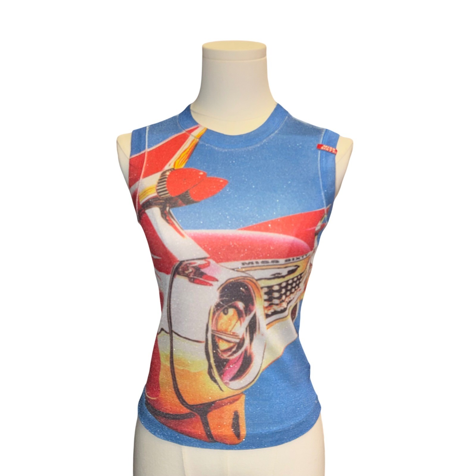 Miss Sixty Vintage Y2K Glitter Mesh Graphic Tank Top Small Automotive Rare