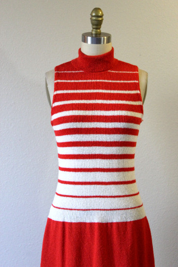 VTG 70s Red White Striped Knits By Don Sweater Dress & Cardigan 2 piece MOD