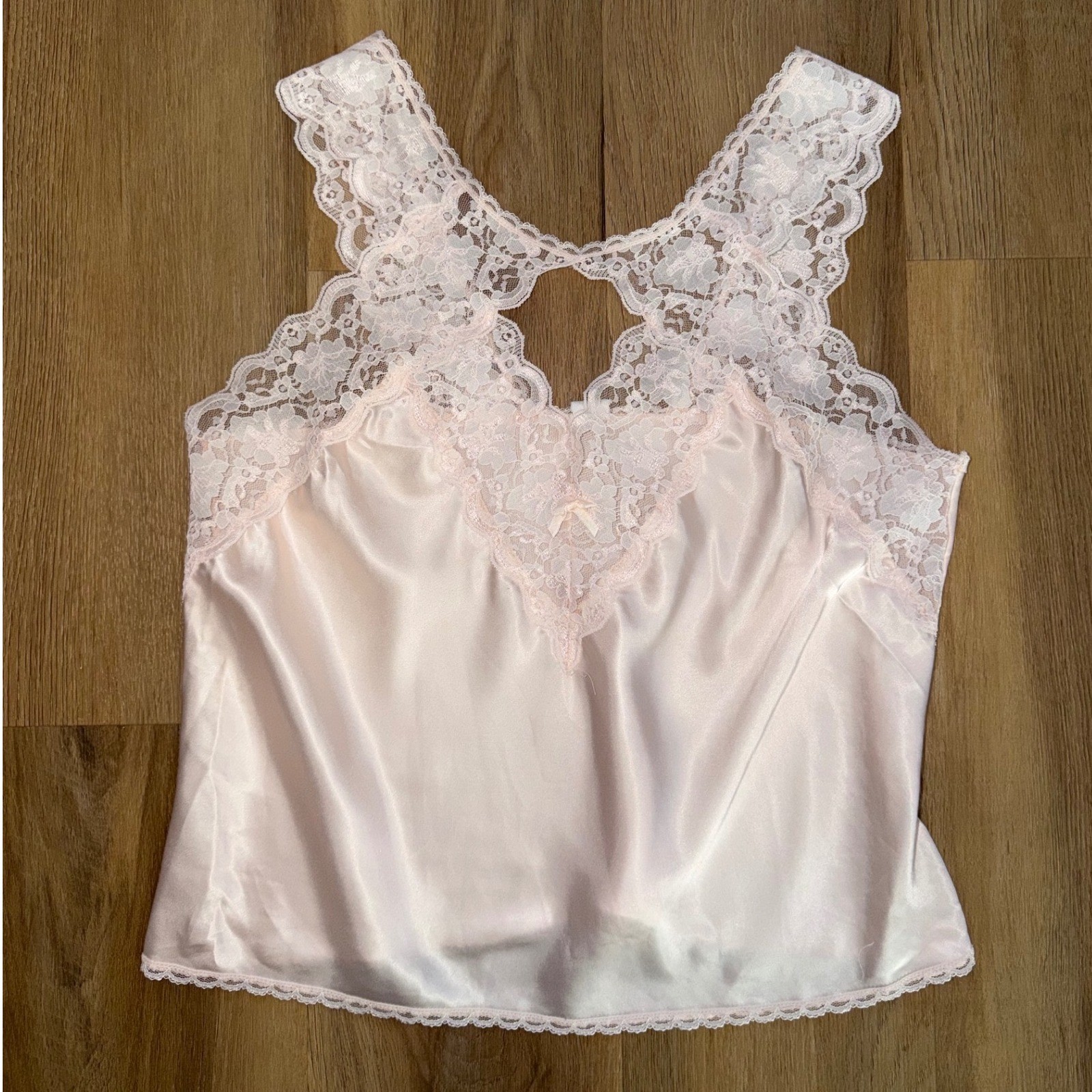 Vintage Pink Satin Lace Trim Camisole Top Keyhole Back L sexy fairy dainty