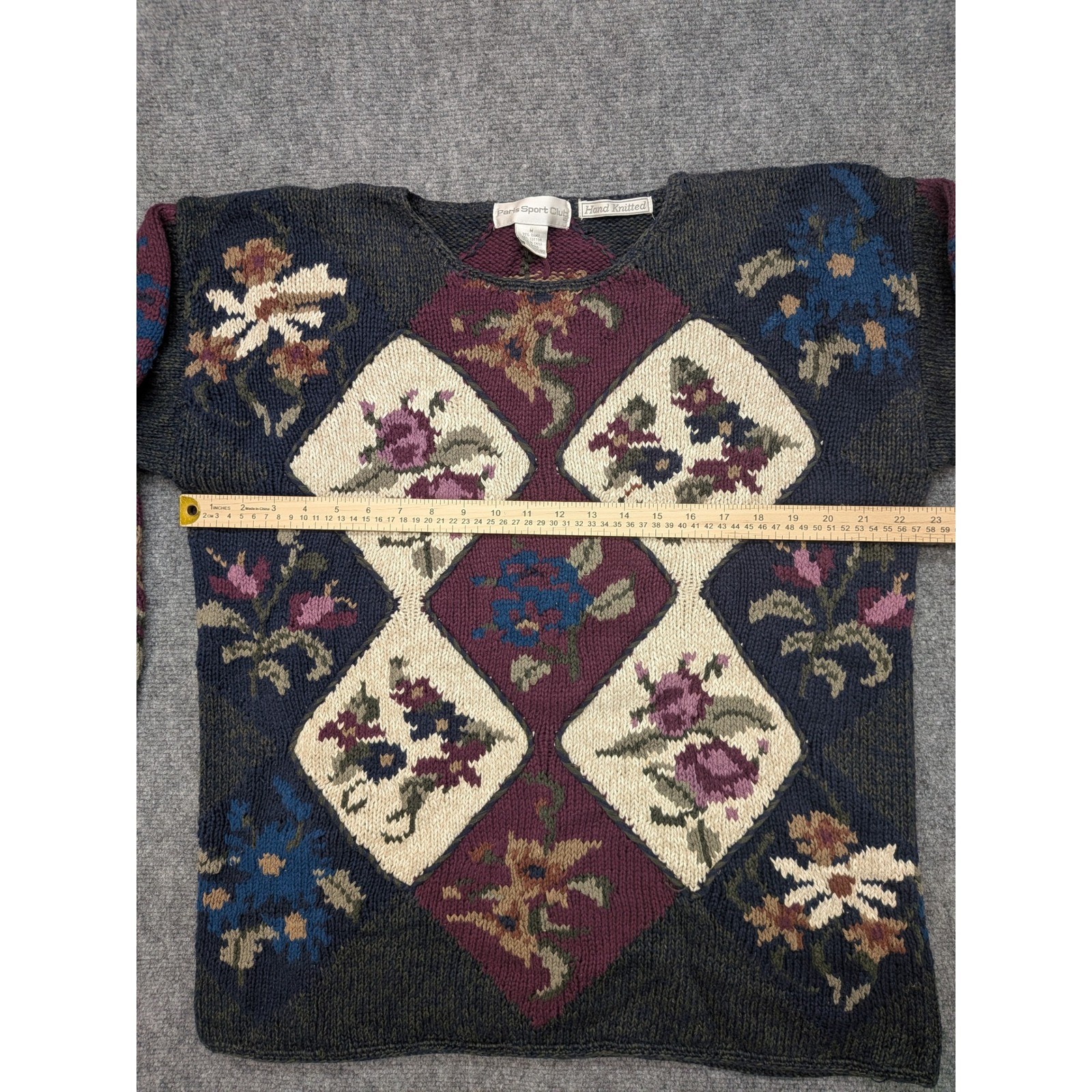 Vintage Paris Sport Club Sweater M Hand Knitted Floral Diamond Chunky Cottage