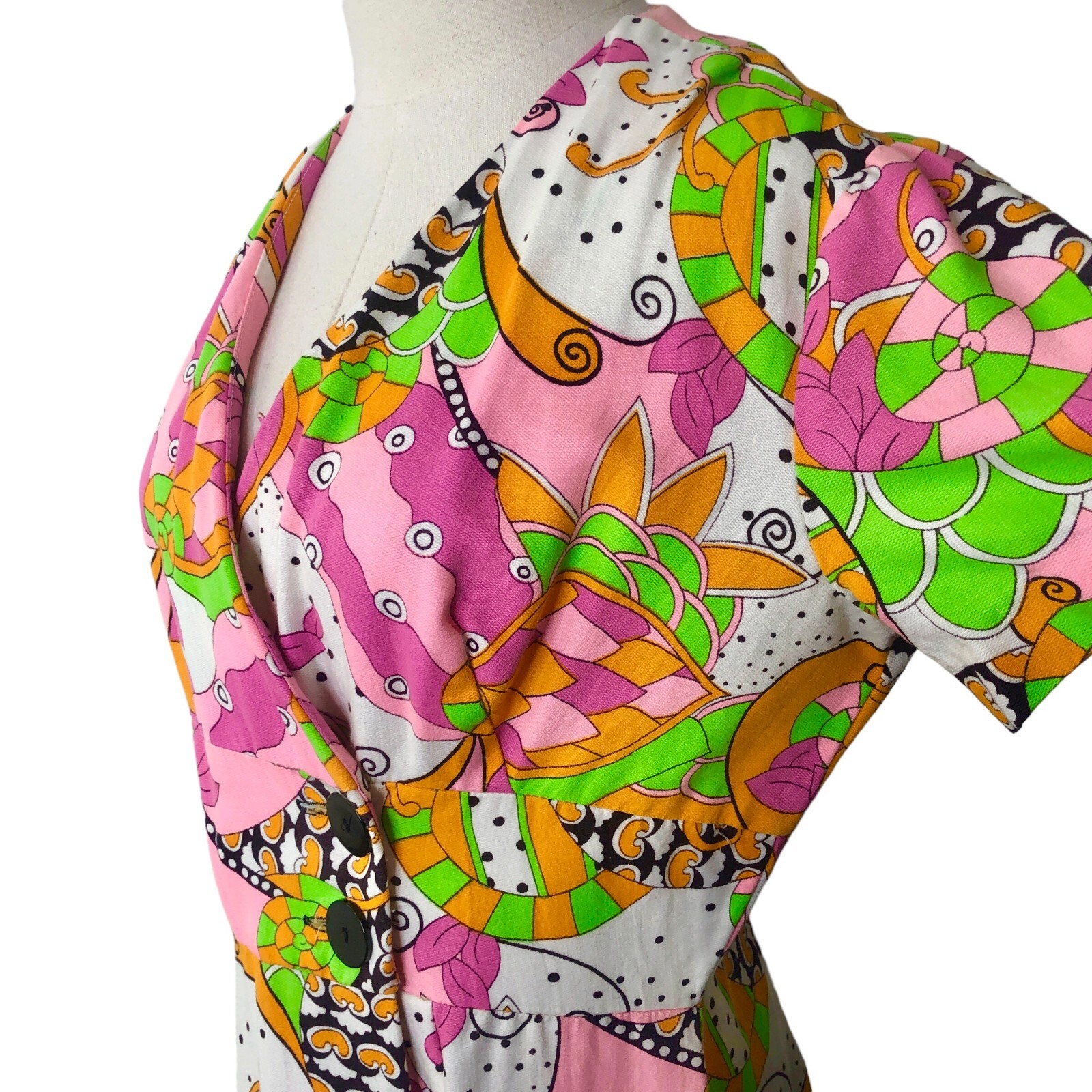 Evelyn Pearson Womens Vintage 60s Wrap Lounge Dress Medium Pink Green Mod Maxi