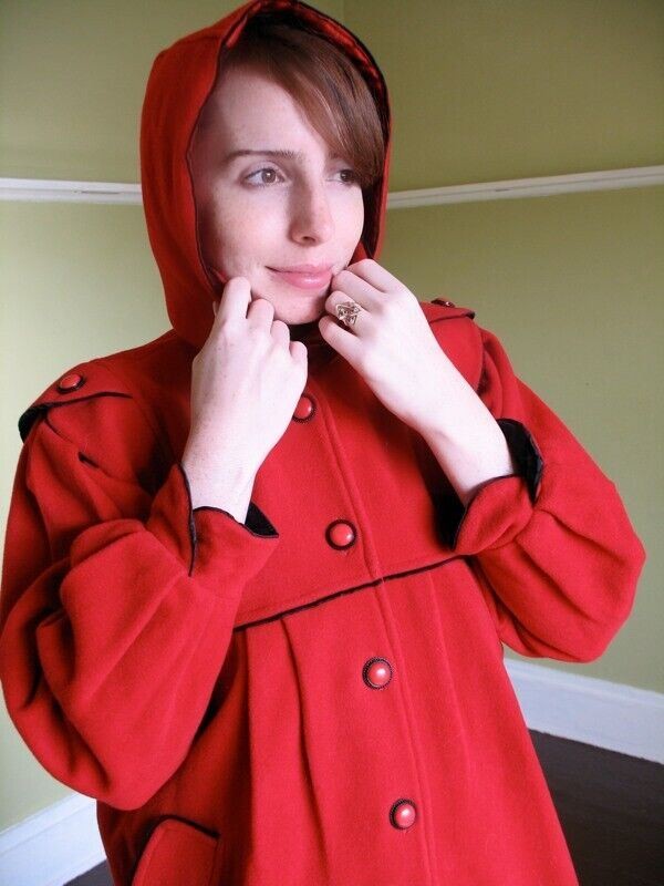 VTG Little Red Riding Hood Wool Coat Incredible Pleating & Details Blk Trim S M