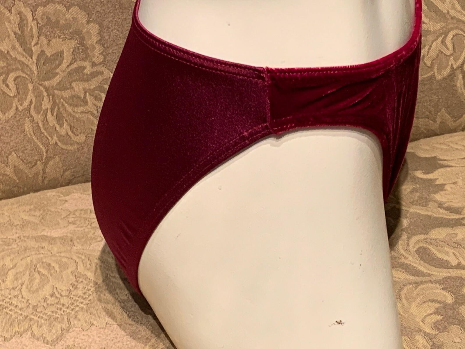 VINTAGE BURGUNDY RED VELVET SHIMMERY SATIN BACK HI-CUT BRIEF PANTIES ~ MEDIUM