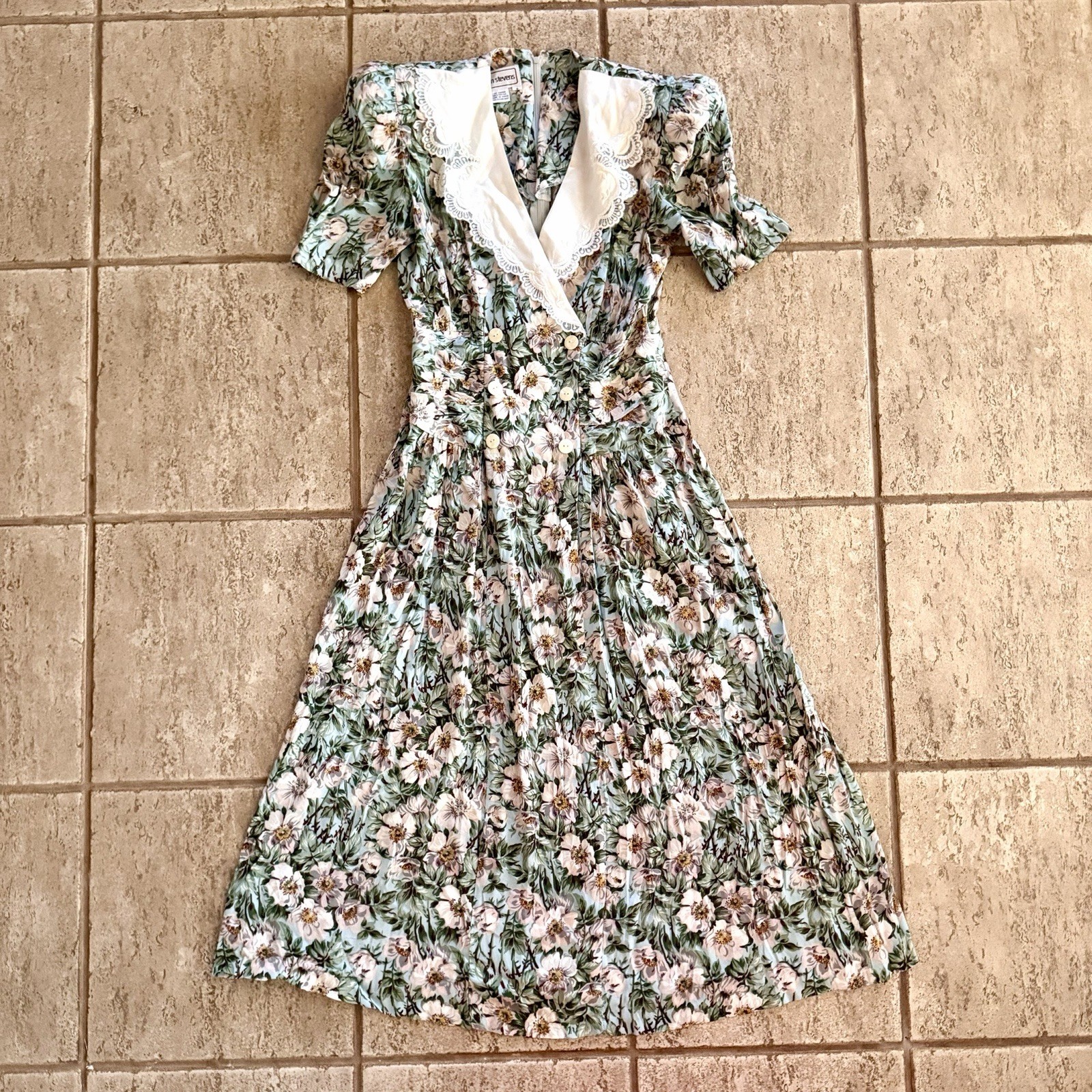 80s Cottagecore Sz 6 Prairie Dress Lace Collar Mint Floral Secretary Vintage