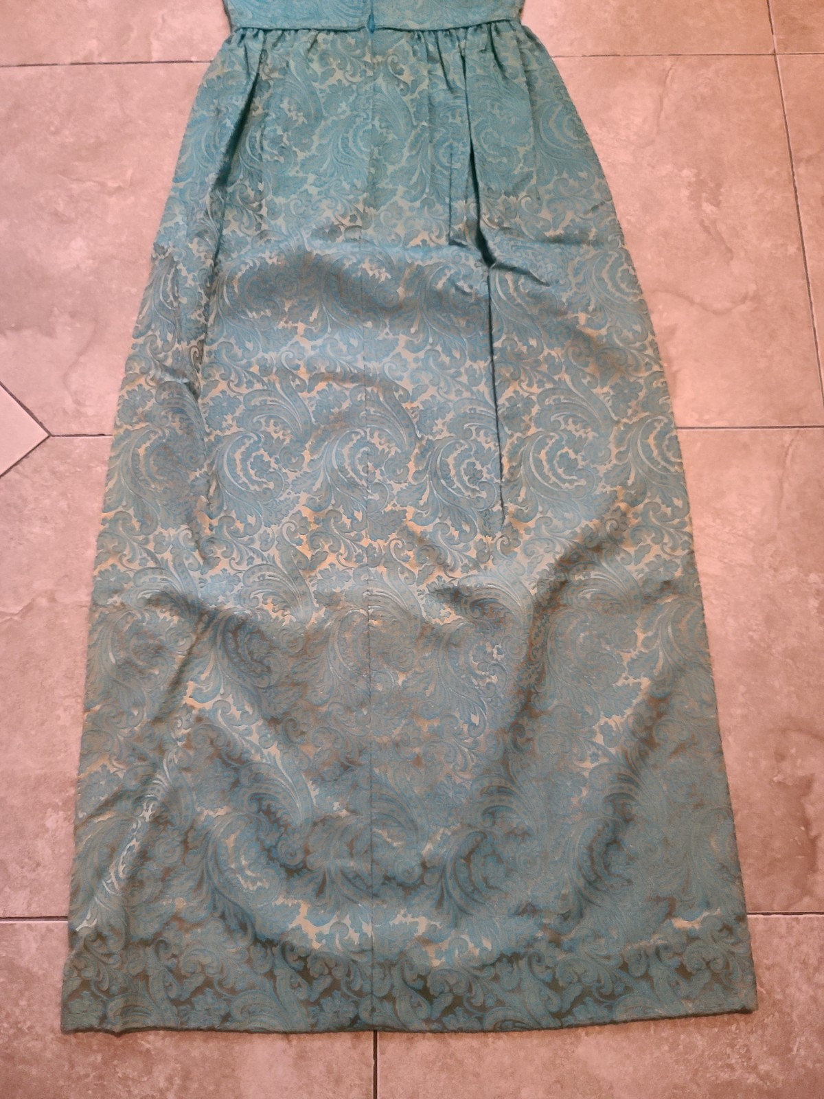 VTG 1960s Turquoise Blue & Gold Brocade Maxi Dress Women’s XS Bow Detail