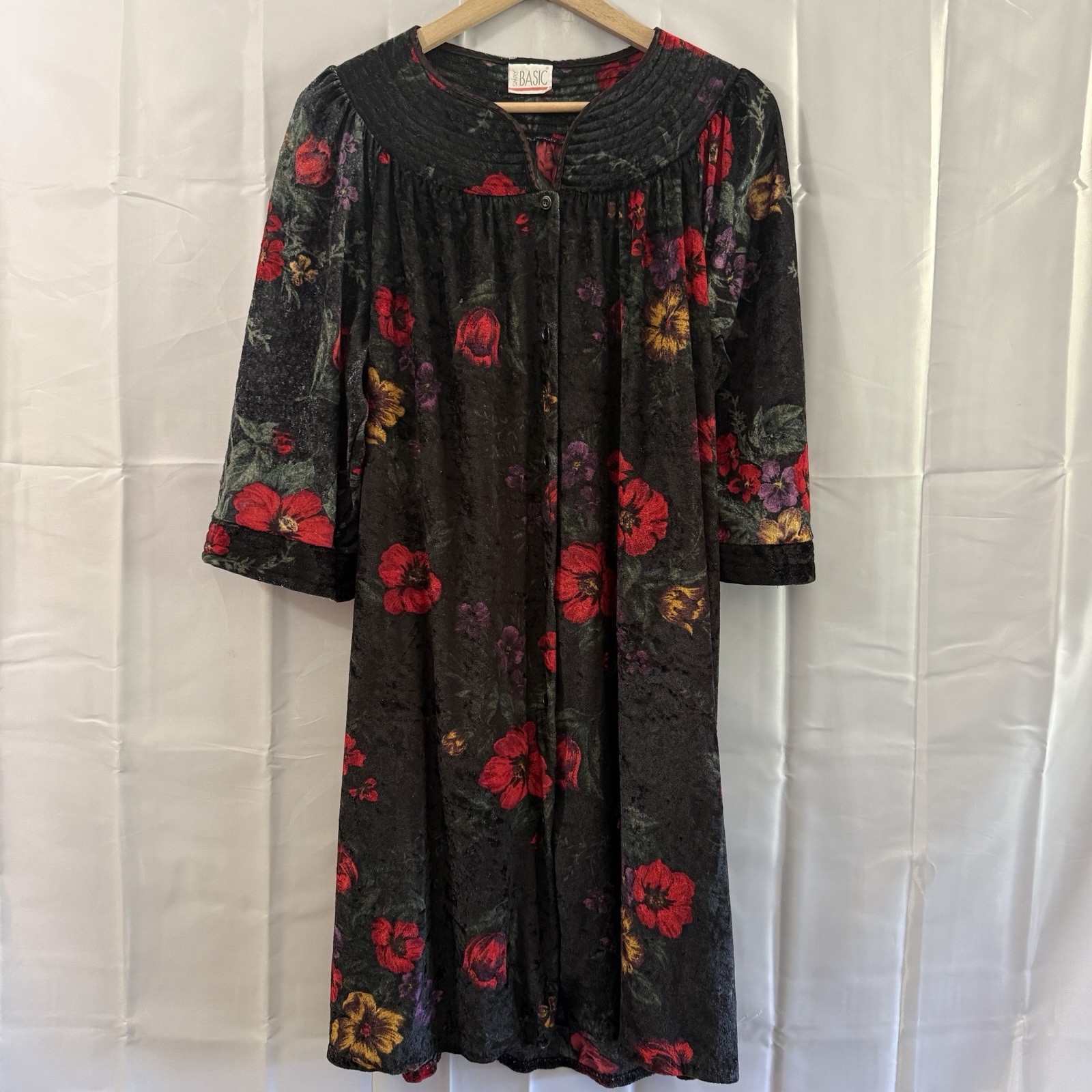 Vtg 80s Velvet House Coat Dress Black Floral Zip Front Pockets Gently Worn M/L**