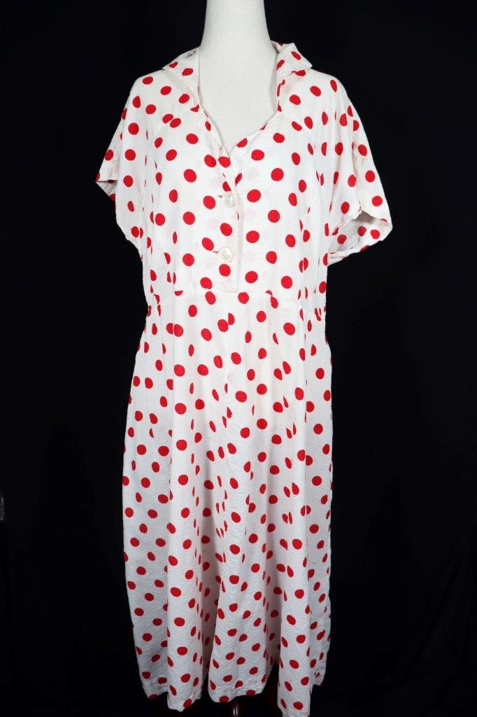 Vintage 1940’s WWII French Red & White Polka Dot Waffle Cotton Dress Plus Size