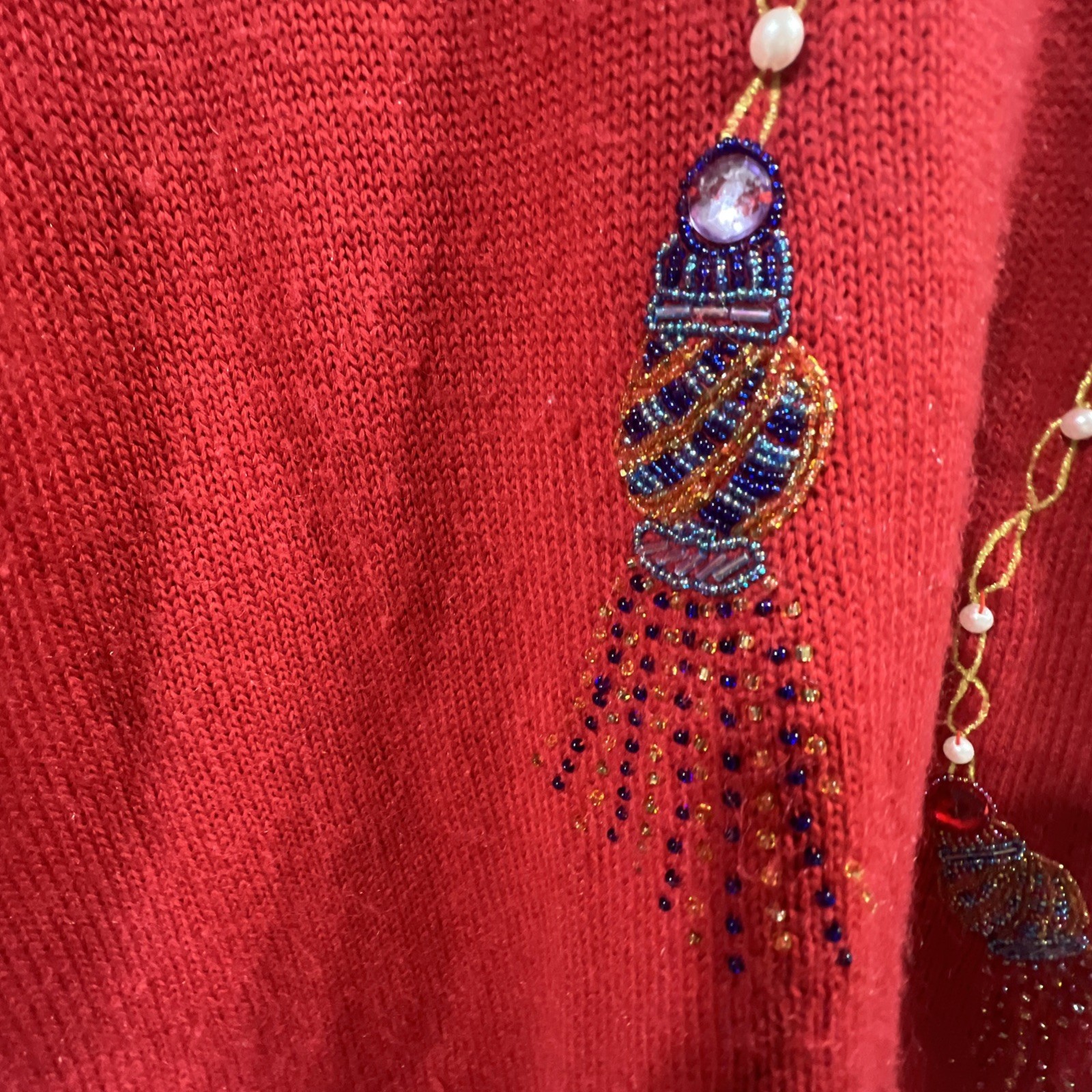 VTG Western Connection womens S tunic Sweater Red pearls beaded v neck 80s Retro