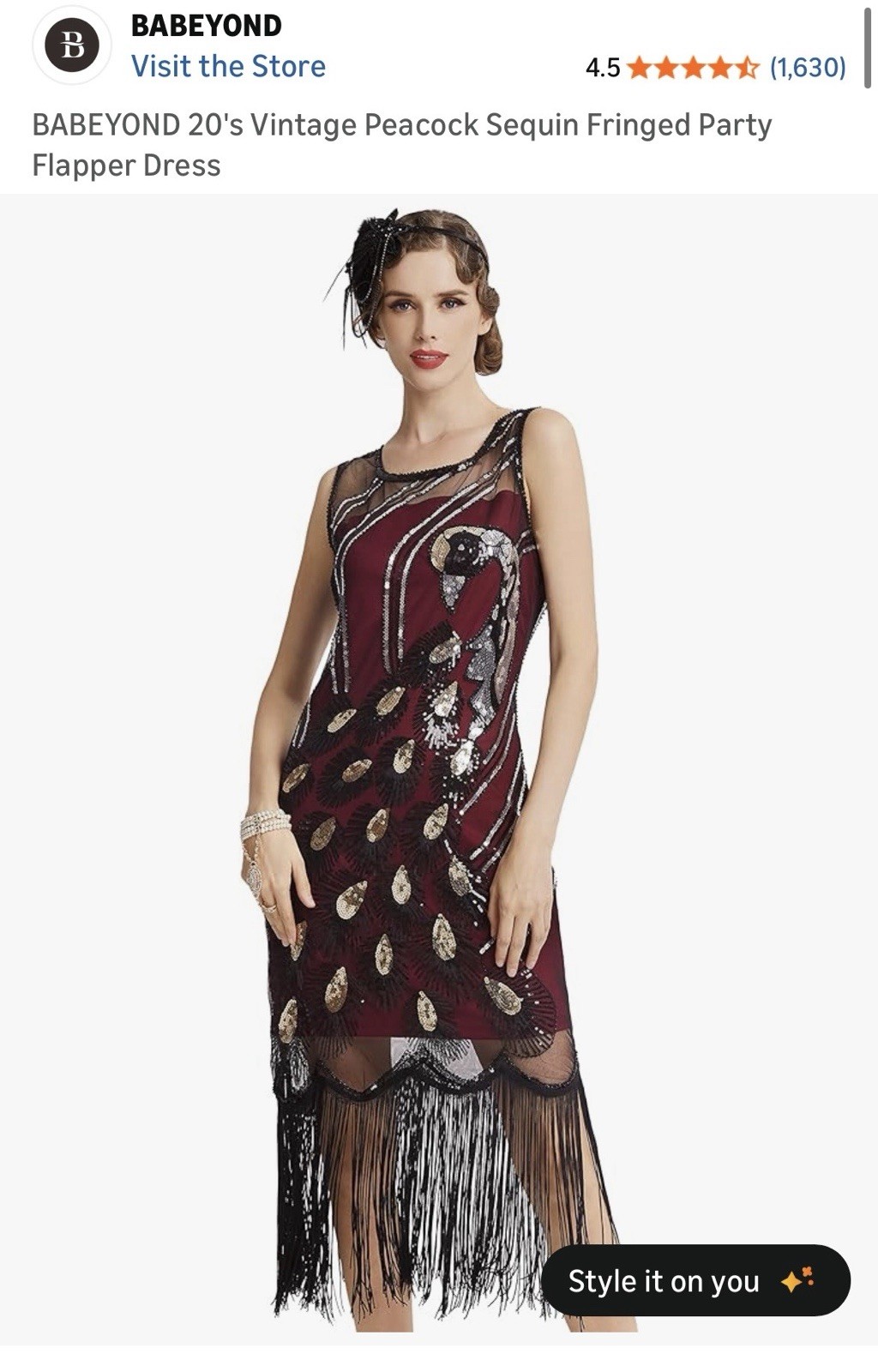 BABEYOND 20’s Vintage Peacock Sequin Fringed Party Flapper Dress XS