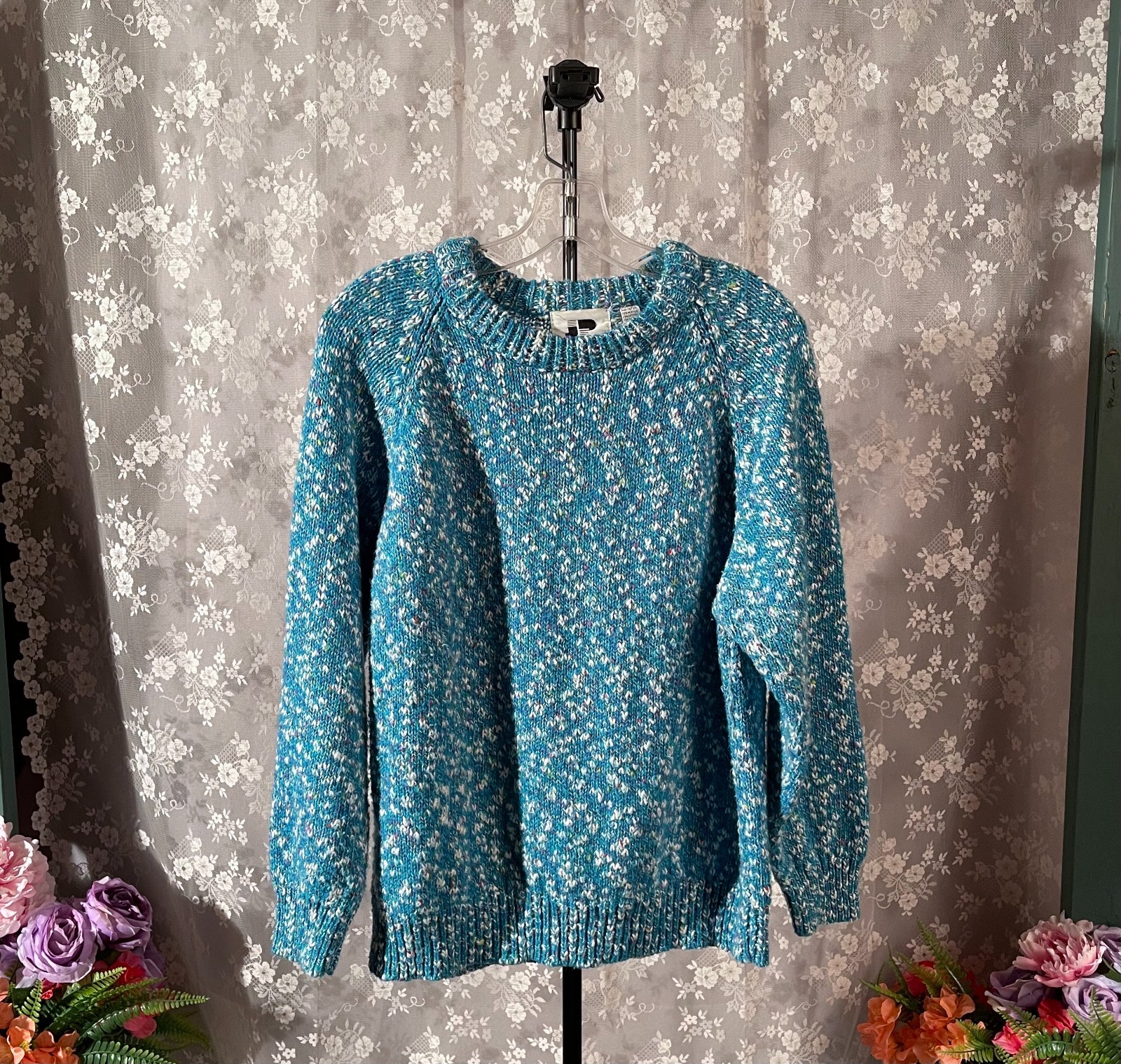 Vintage 80s Turquoise Sweater Size XL 1980s Retro Wool Blend New Wave Vibrant