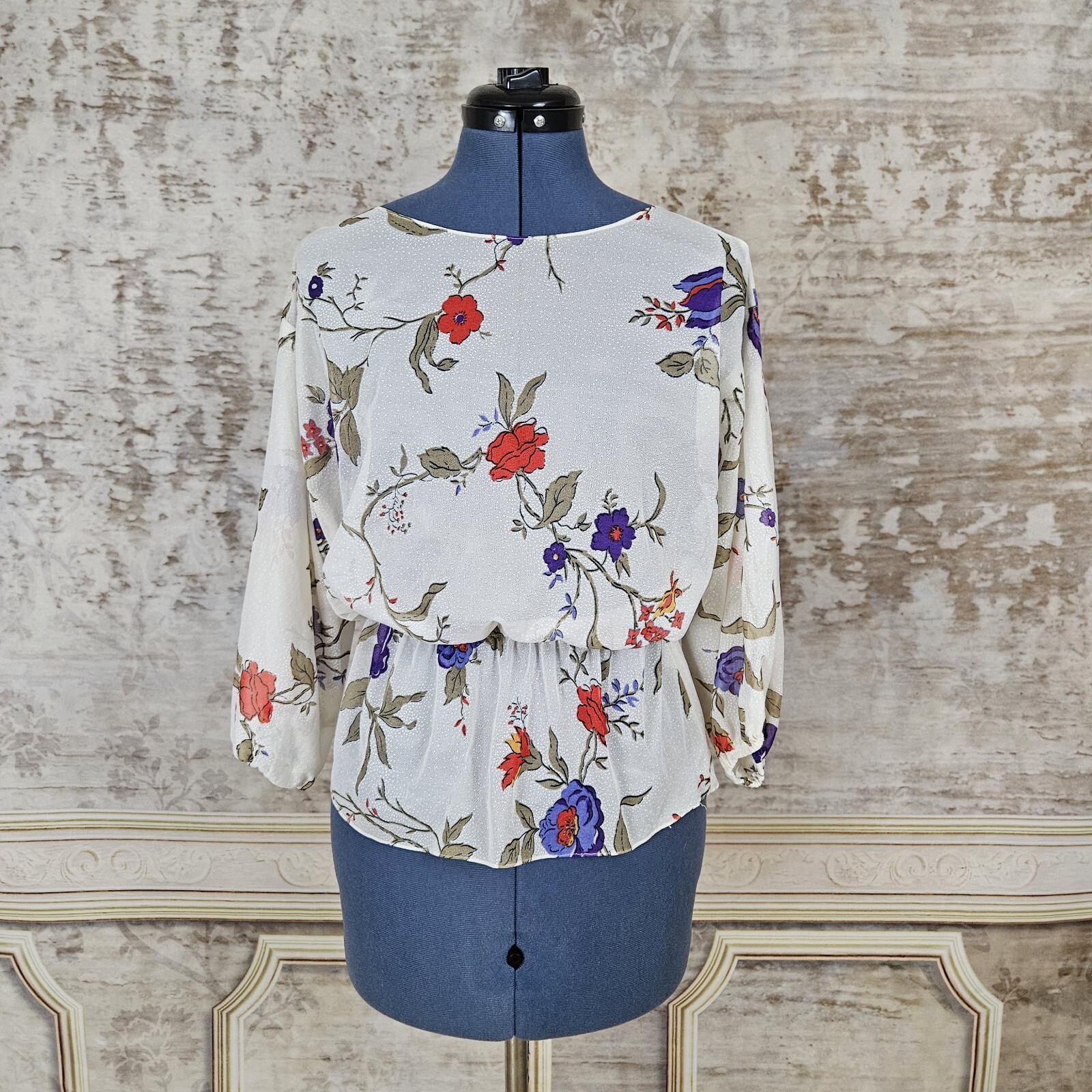 Vintage Sheer Blouse Small Floral Top Peplum 3/4 Sleeves Purple Red Ivory 1970s