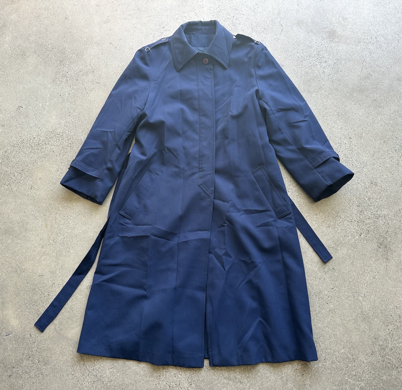 Vintage Jerold Navy Blue 2-Pocket Button-Up Collared Overcoat Trench Coat w Belt