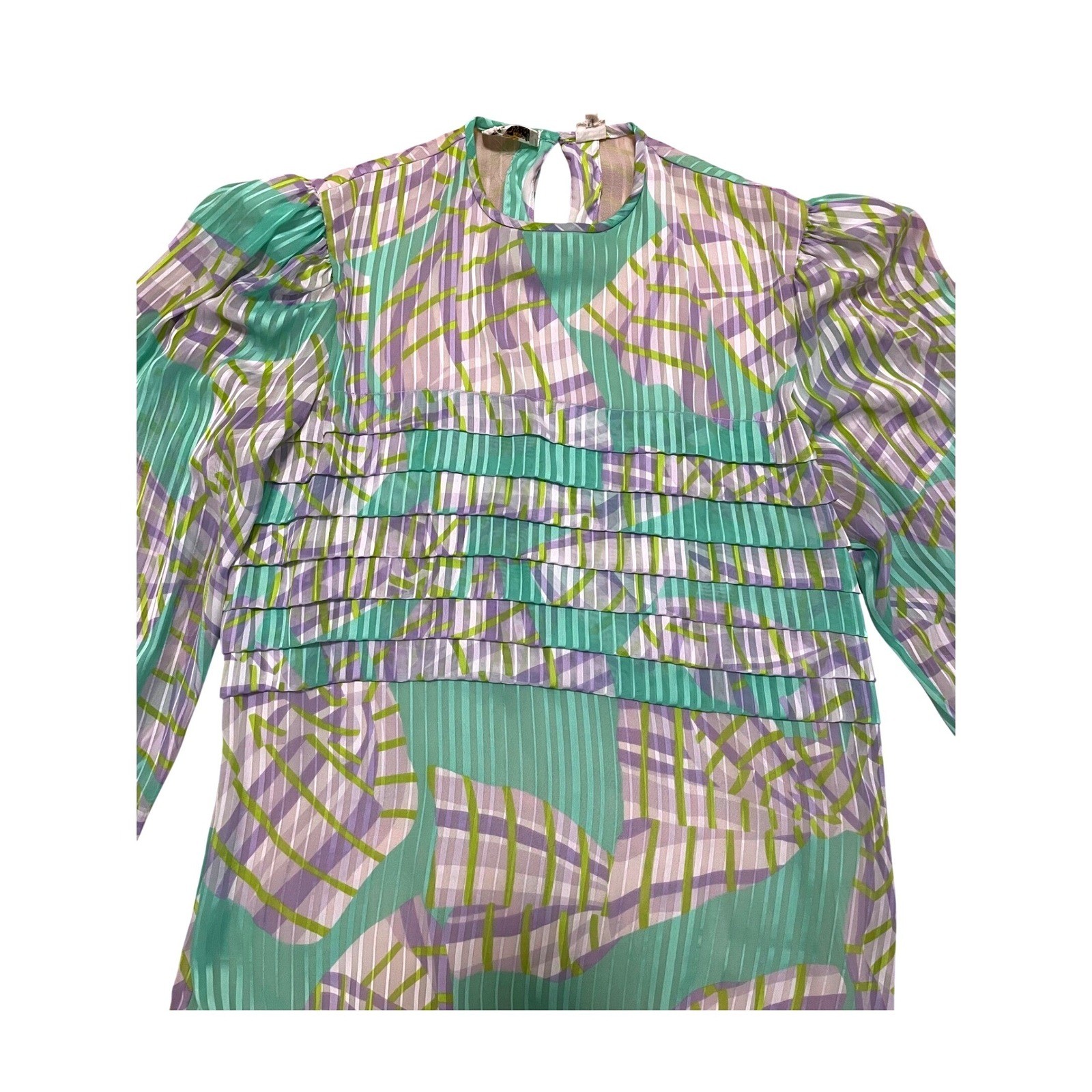 Vintage Oleg Cassini Silk Blouse Size 8 Pastel Print Puff Sleeve Sheer Top