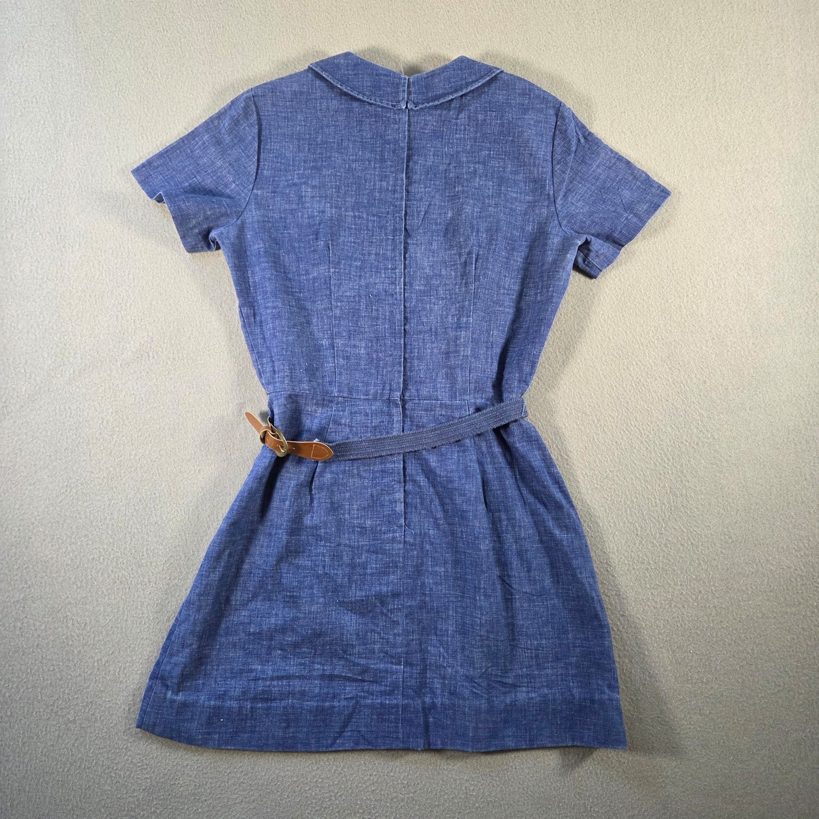 Vintage Mini Dress Womens Small Blue Chambray Pleated Belted Short Sleeve 80s