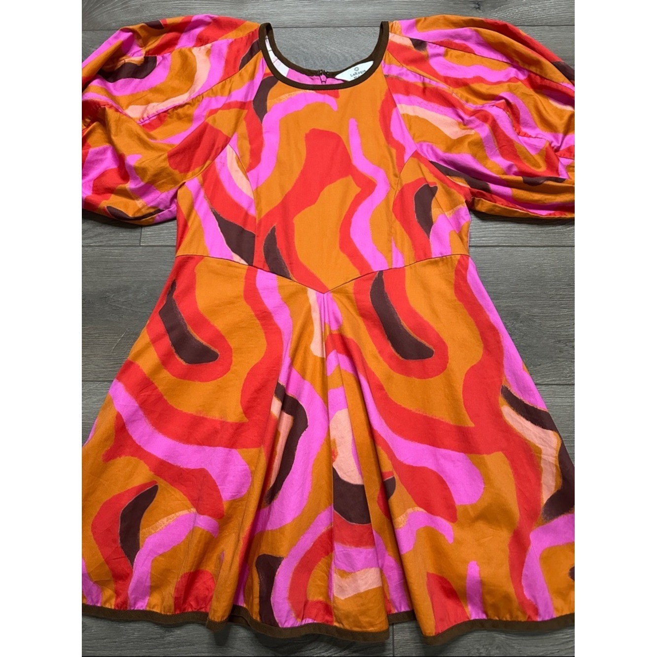 LaRoque Juliette Retro Mini Pocket Dress Puff Sleeves Orange Pink Groovy Medium