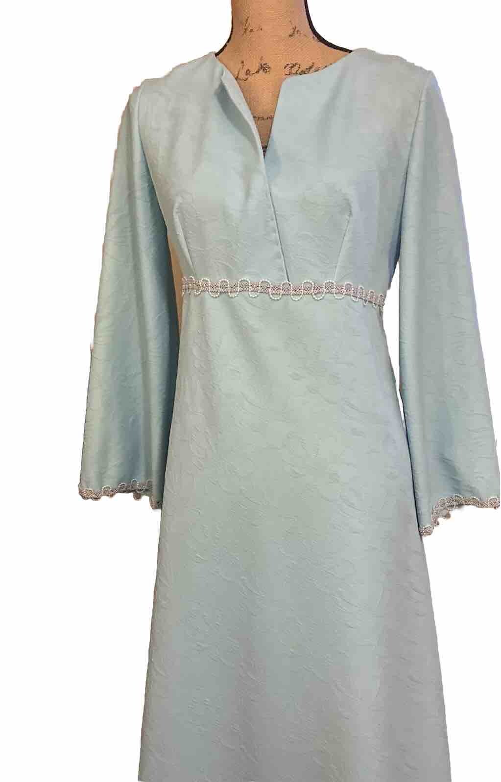 Vintage Handmade Baby Blue Silver Pearl Floral Kaftan Bell Kimono 1960’s Gown
