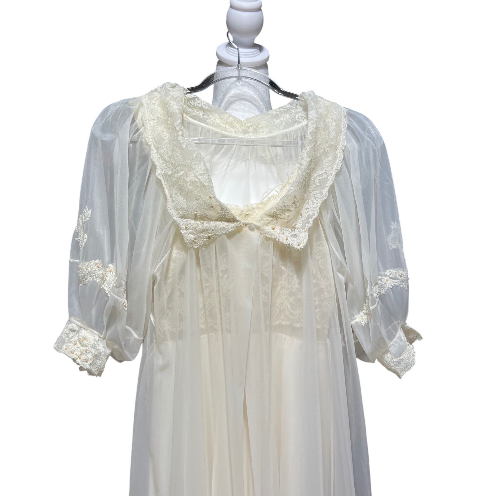 Vintage Ivory Lace Peignoir Set Bridal Nightgown and Sheer Robe Pearl Detail