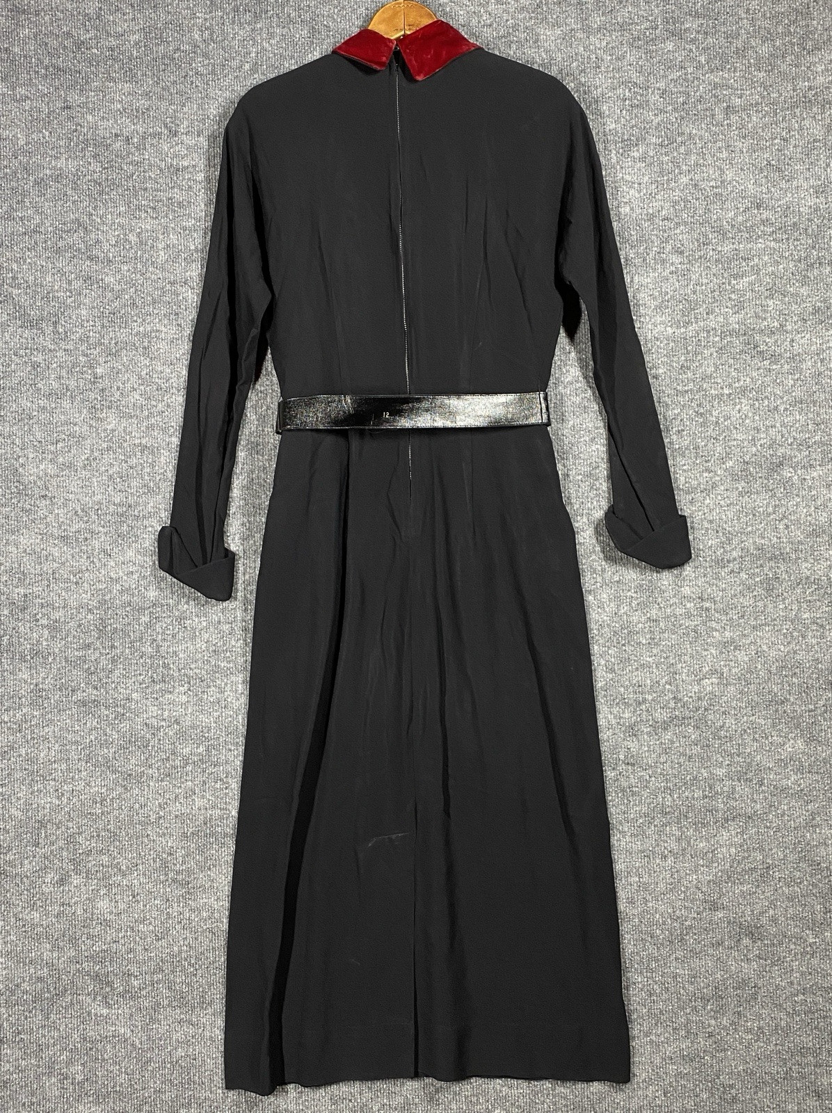 VINTAGE 40s 50s Georgia Wells Black Rayon Red Velvet Dress Belt Long Sleeve
