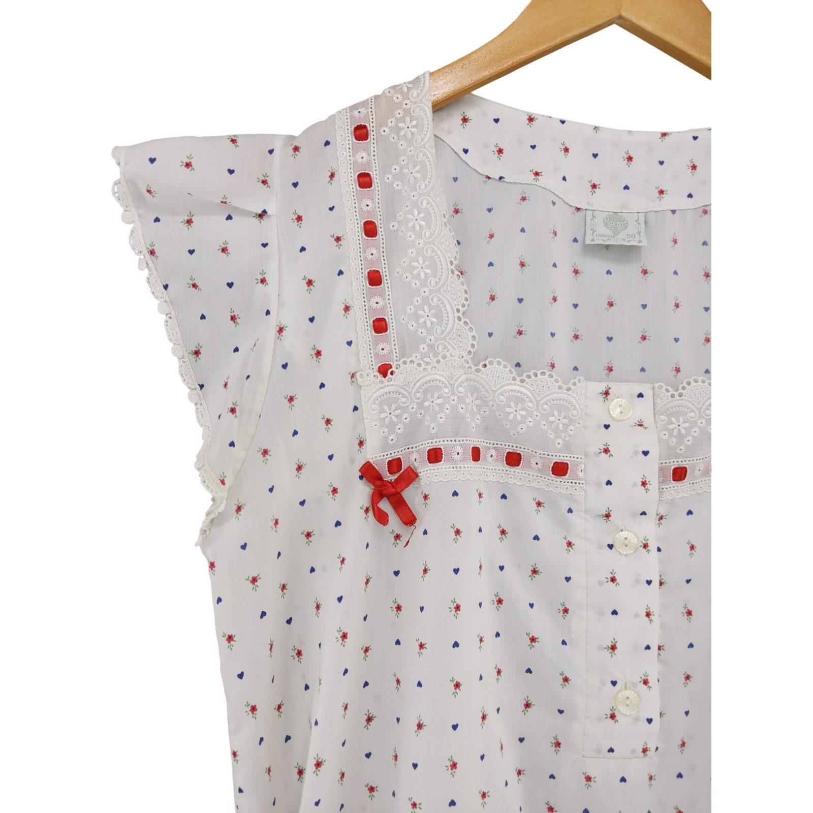 Vintage Nightgown Womens 50 L Floral Heart Lace Eyelet White Red