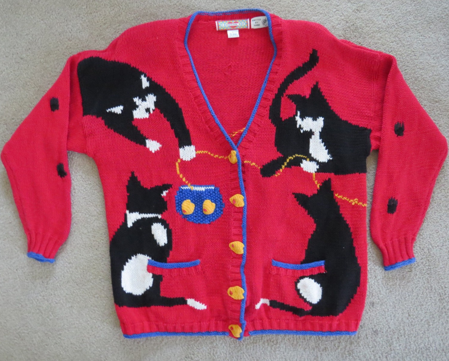 Vtg Cardigan Bay CATS & FISHBOWL Knitted Sweater Size L