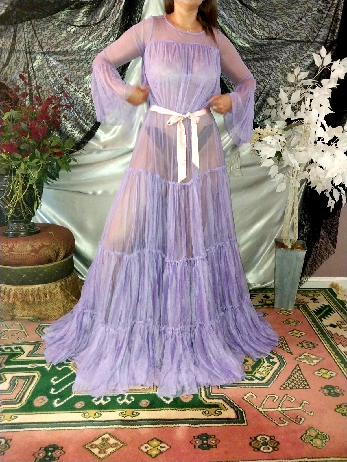 VTG SILKY PURPLE SHEER LAYERS BELL SWEEP NEGLIGEE NIGHTGOWN SISSY 48 OSFM