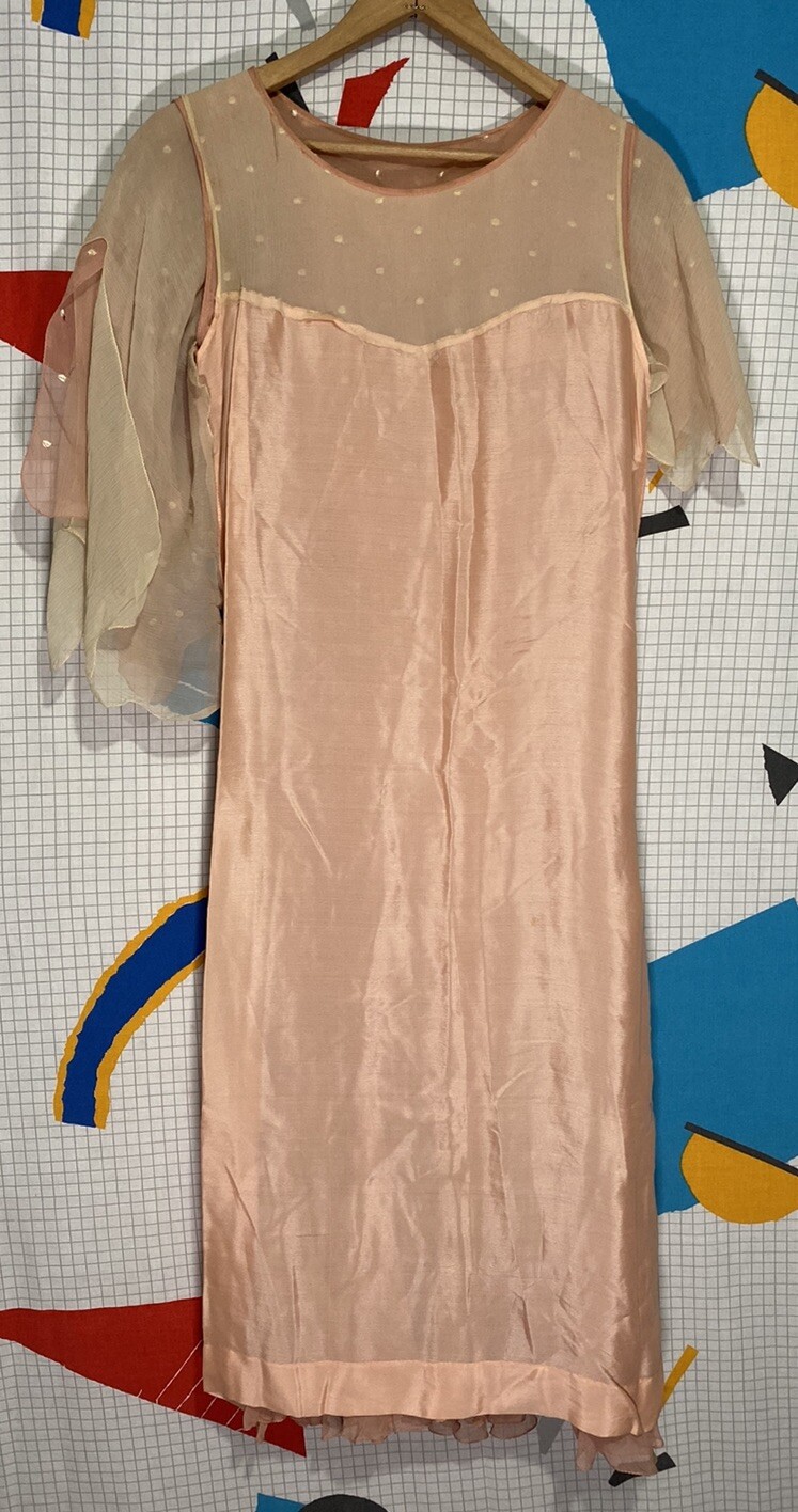 Vintage 20s Silk Flapper Dress Art Deco Drop Waist Asymmetrical Polka Dot Crepe