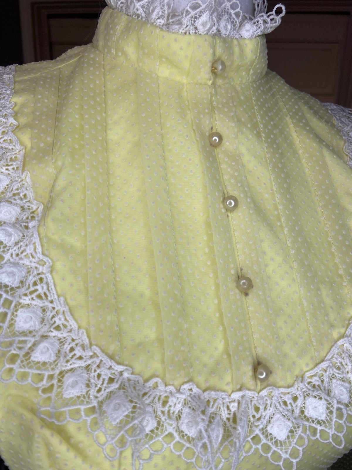 Vtg 70s Yellow Swiss Dot Prairie Dress Victorian Revival Empire Waist Small