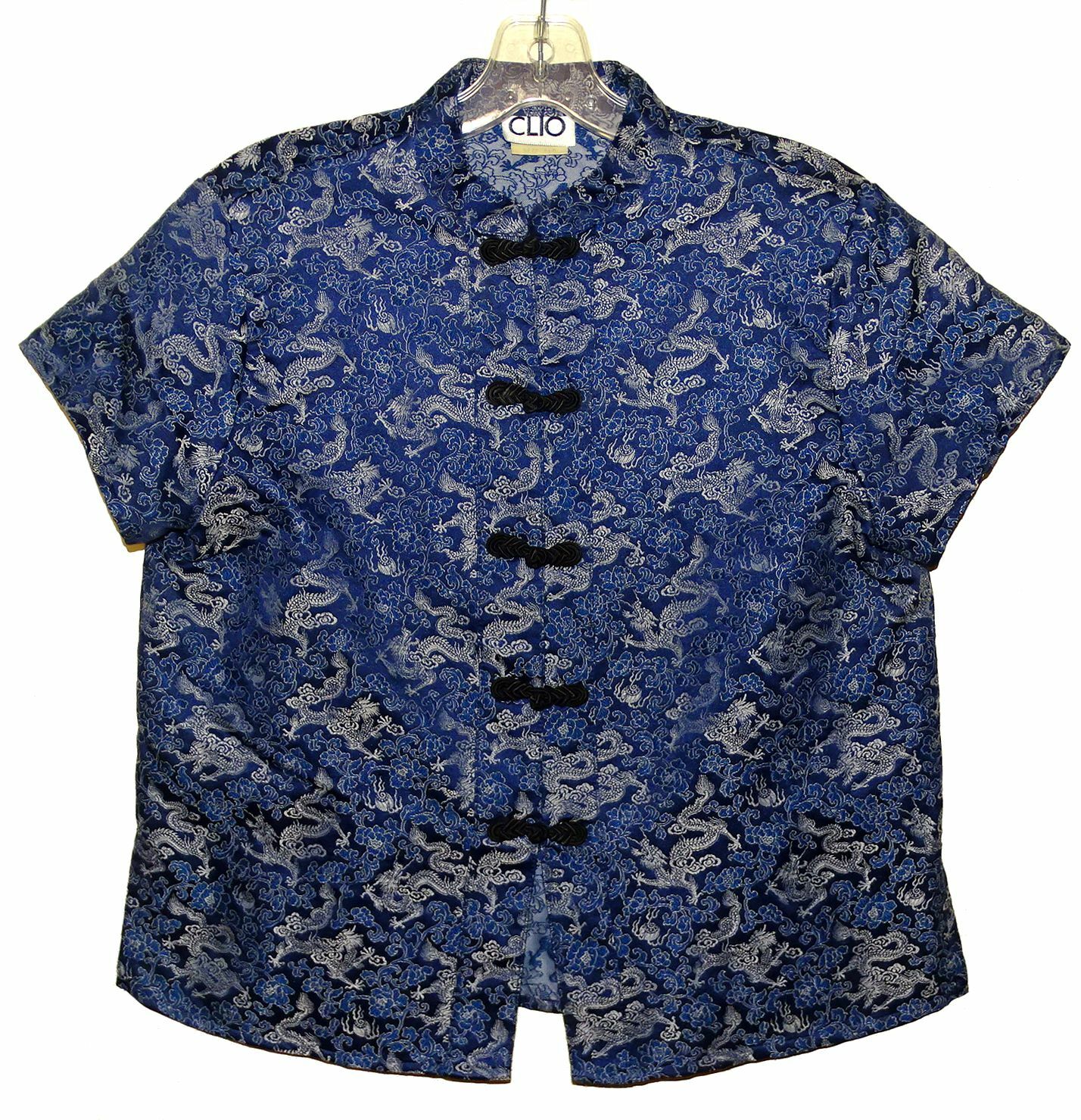 Sz M Vin Clio Tea Timer Shirt Braided Frog Dragon Design Rayon/Poly Dark Blue