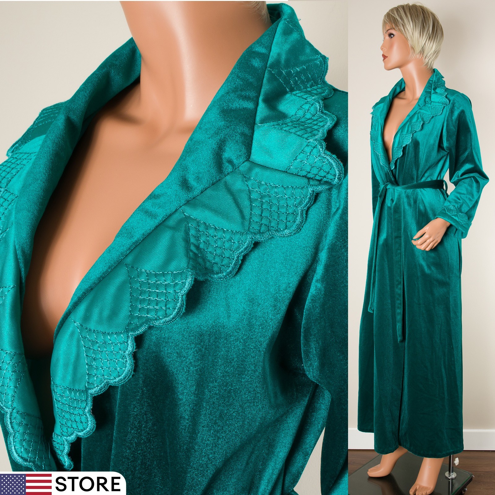 💖 Y2K TARA Robe Housecoat Velour Velvet S Green Loungewear Pockets Belt USA