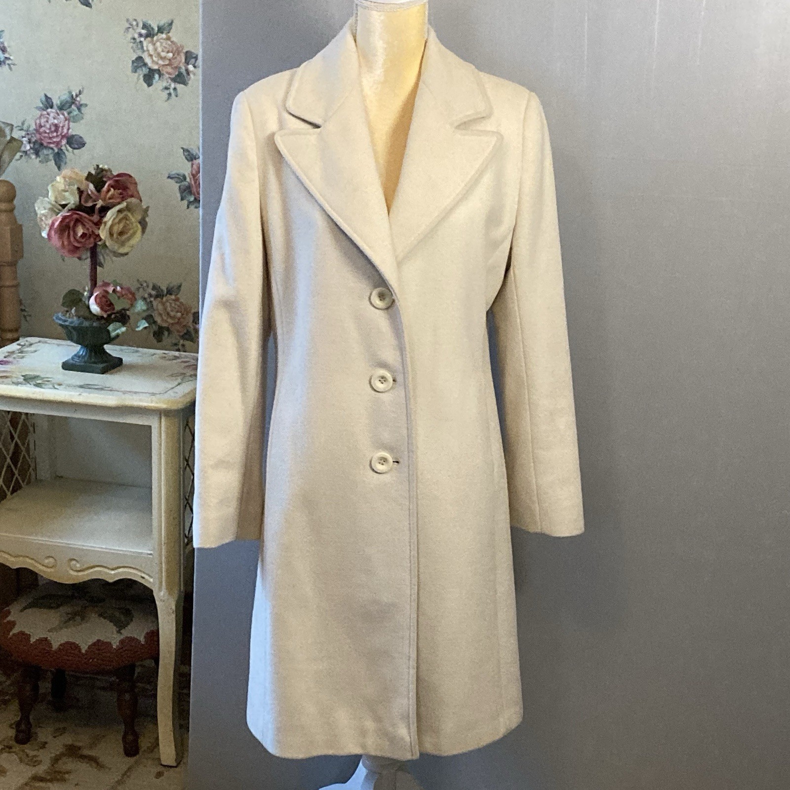 VTG Preston York Wool Cashmere Winter White Coat Size 10 Lapels Back Belt PHOTOS