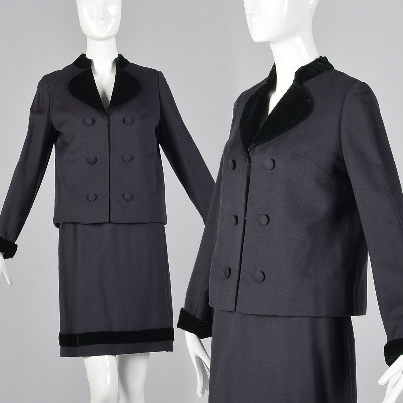 S 1960s Gray Wool Skirt Suit Green Velvet Trim German Austrian Traditional Style