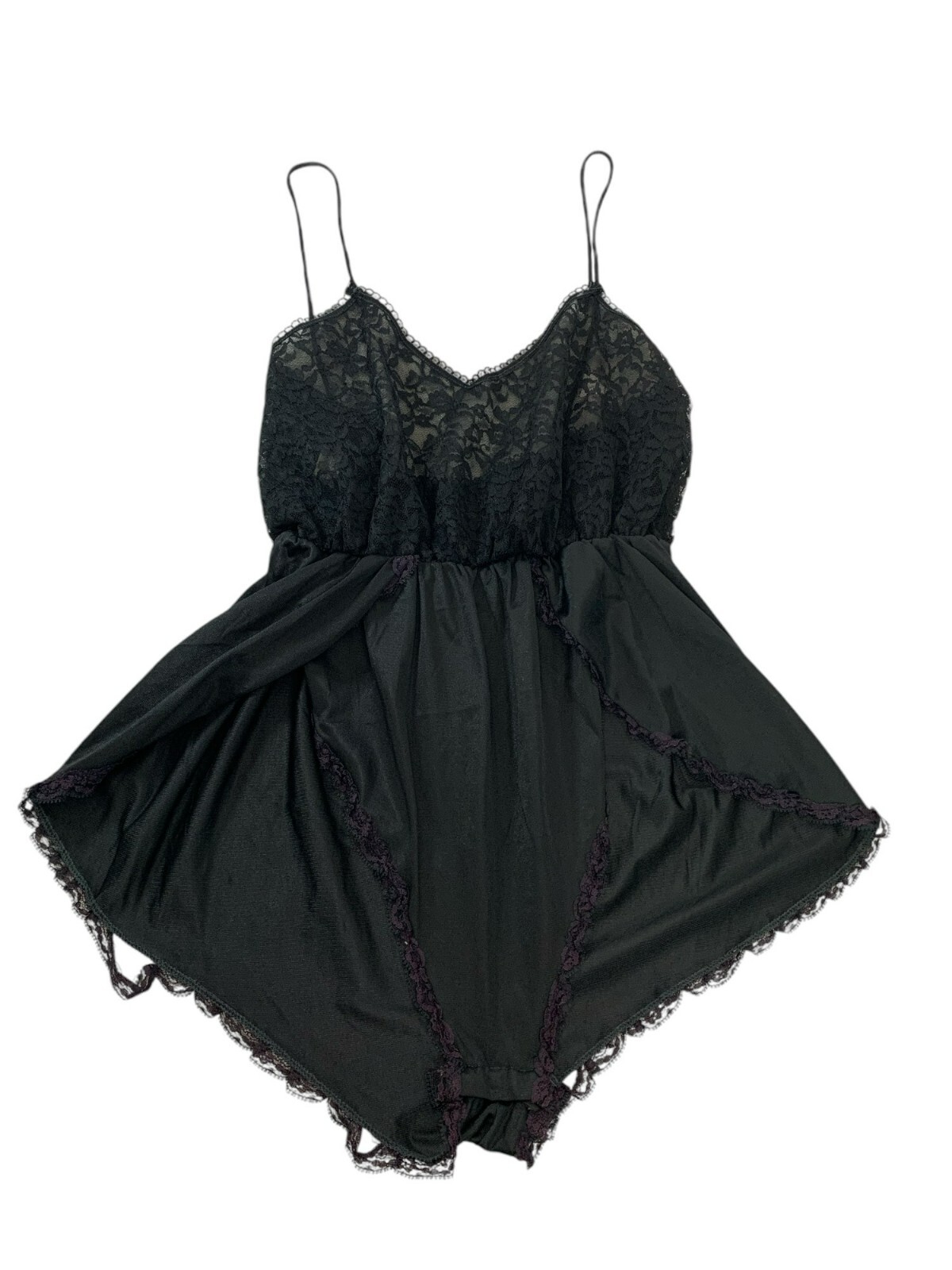 VTG Coquette Spotlight Black Lace Teddy Nylon Lingerie Chiffon USA Hi-Cut Medium