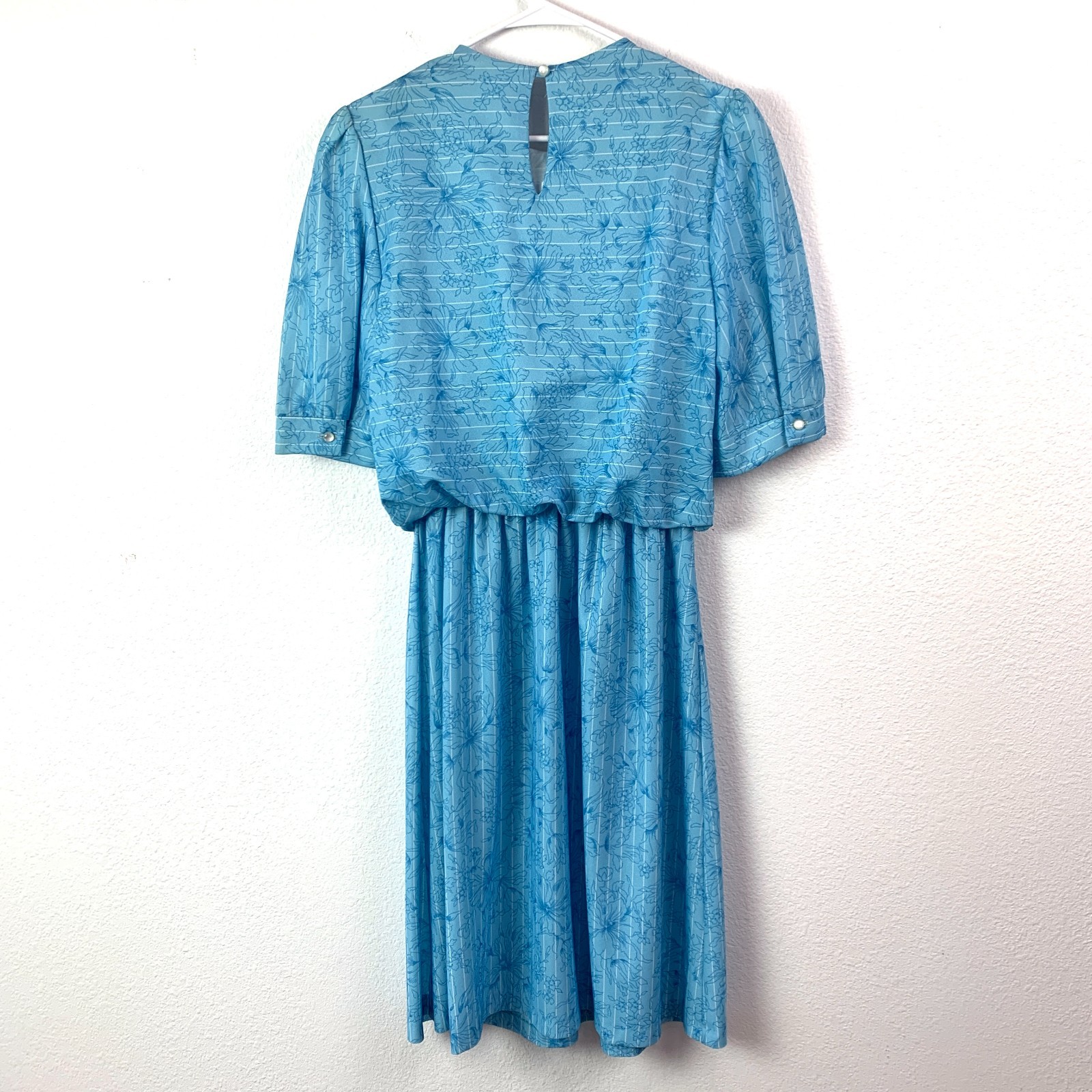 Vintage KR of NY Blue White Modest Secretary Blouson Dress Size 16