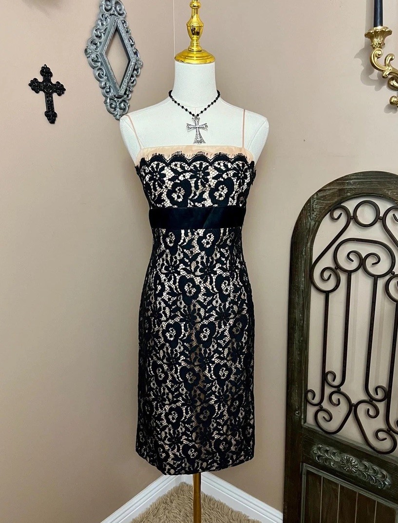 Vintage 90s Black Lace Nude Illusion Tank Dress Size S/M Gothic Party Cocktail