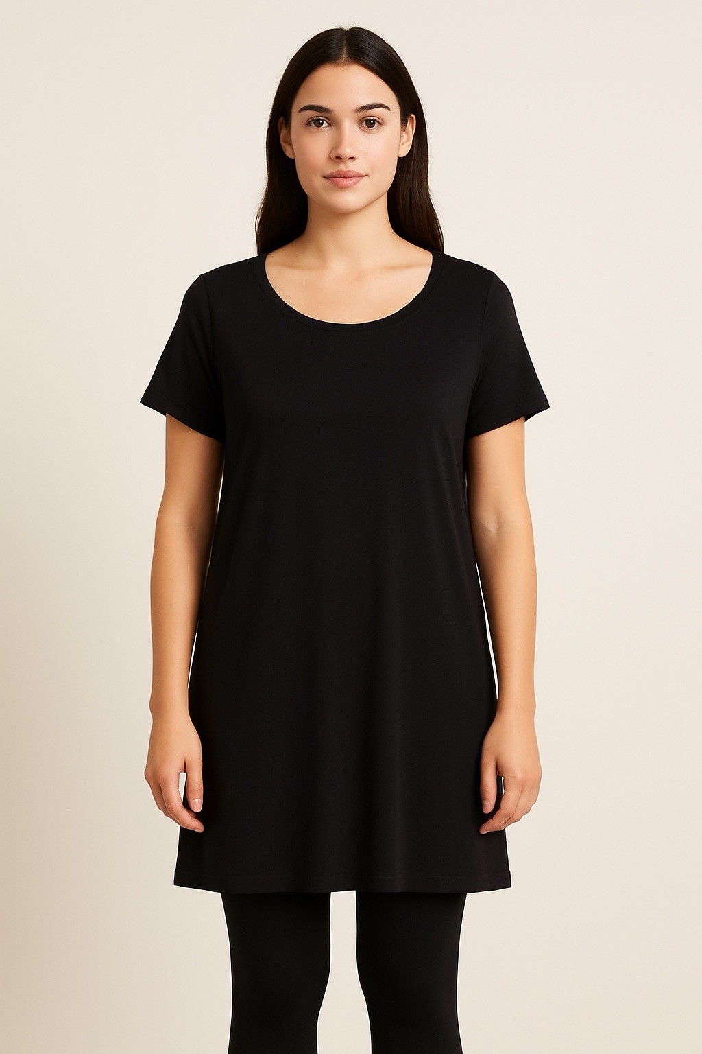 Tahari Woman Extended Plus Size 2X Black Shift Dress S/S Rayon Stretch Tunic