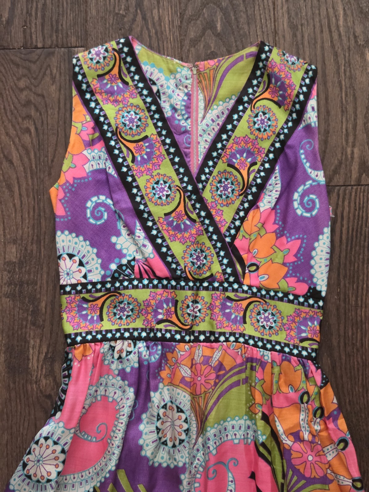 Vintage 70s Psychedelic Paisley Floral Maxi Dress Pink Purple Boho Hippie S