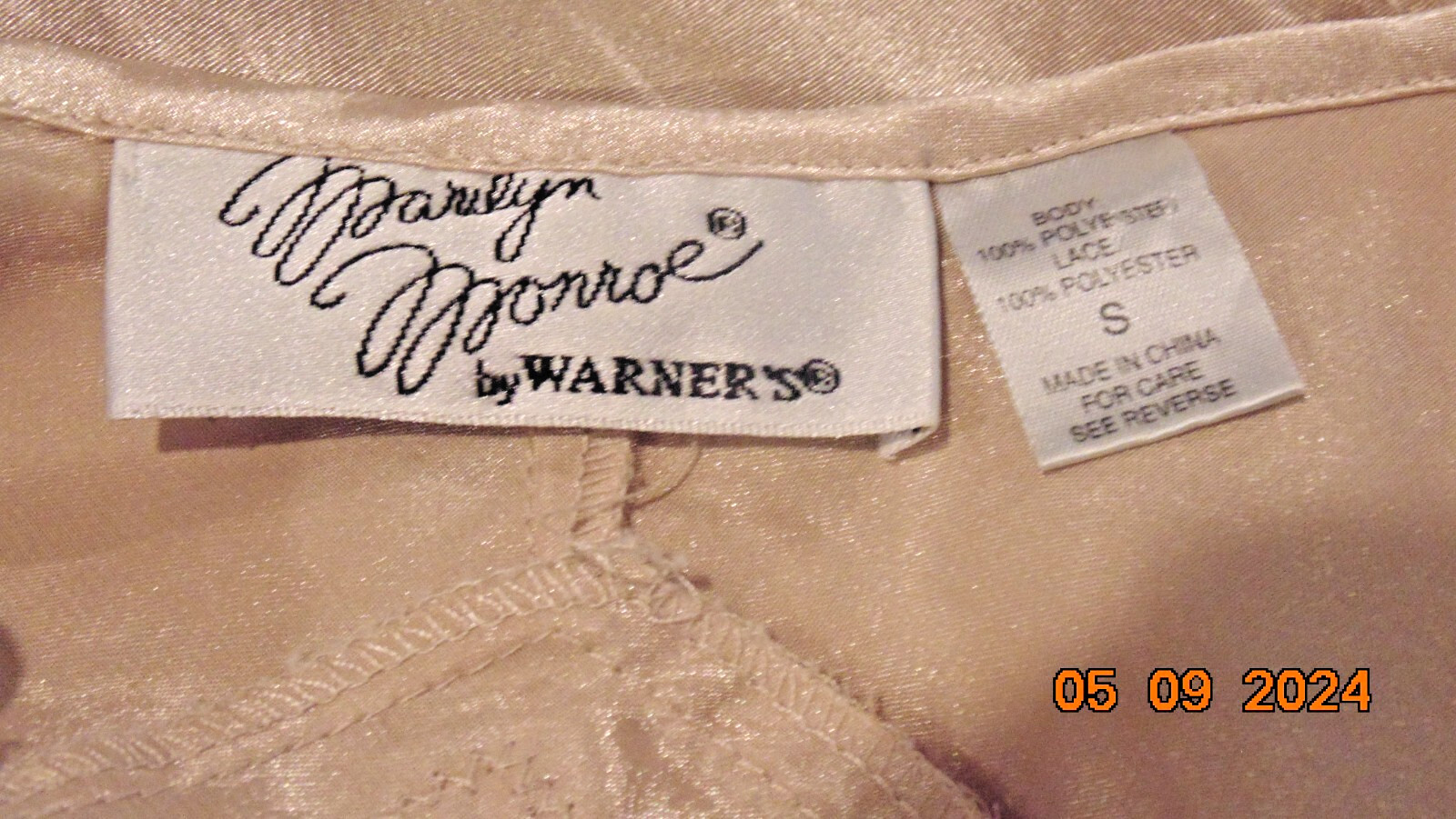 Vtg. Warners Marilyn Monroe Gold Satin Nightgown Lace Top, Split, Straps Size S