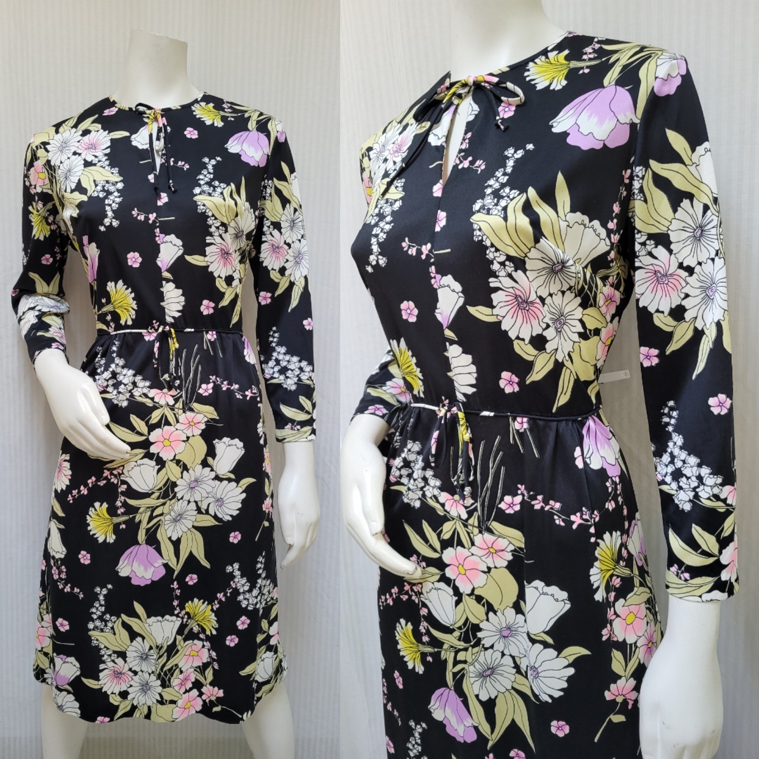 Vintage 1960/70s TRAVEL TALK Black Floral Key Hole Dress – Size M – EUC