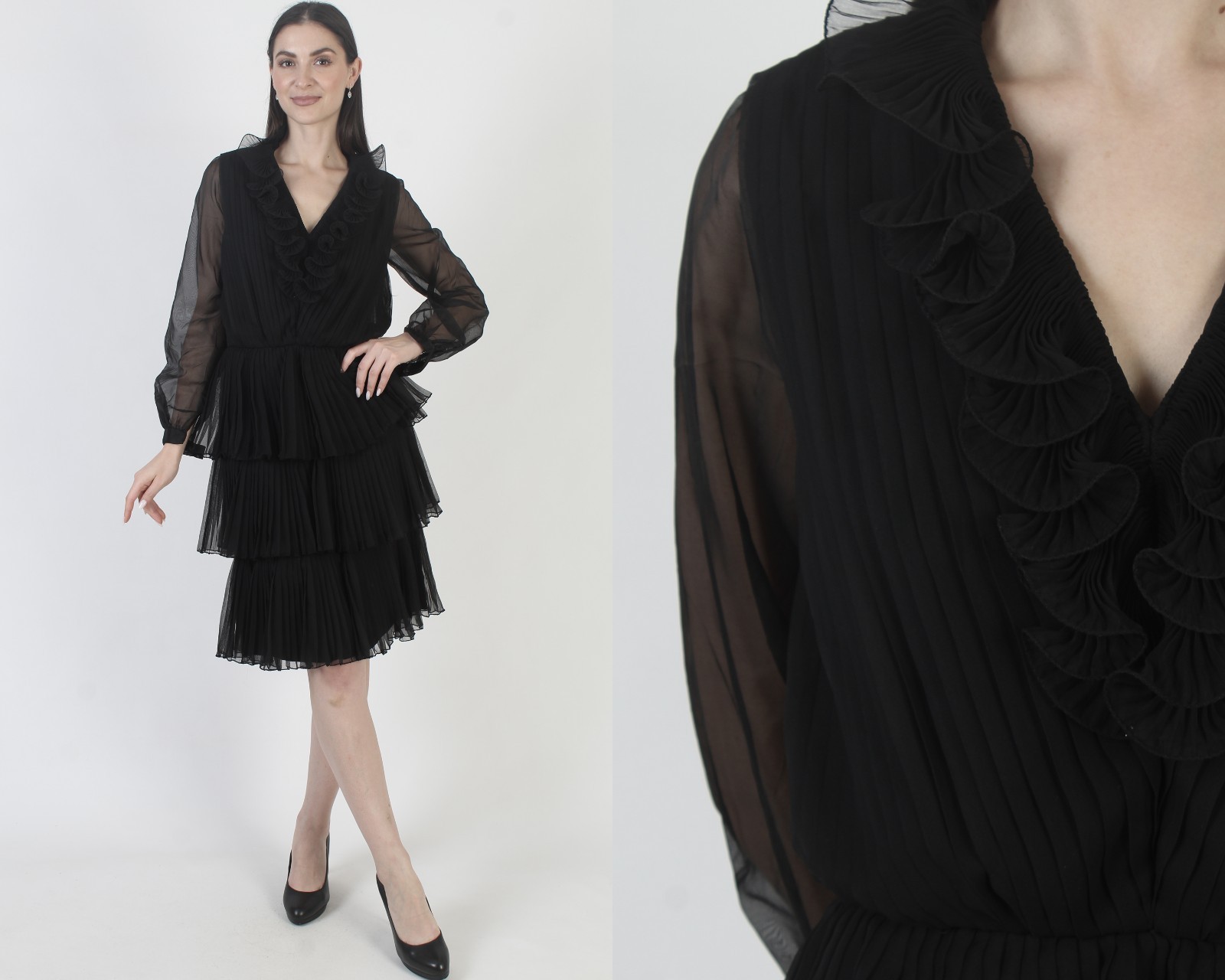 Vtg 70s Sheer Black Chiffon Dress Dico Cocktail Party Evening Lounge Mini Gown