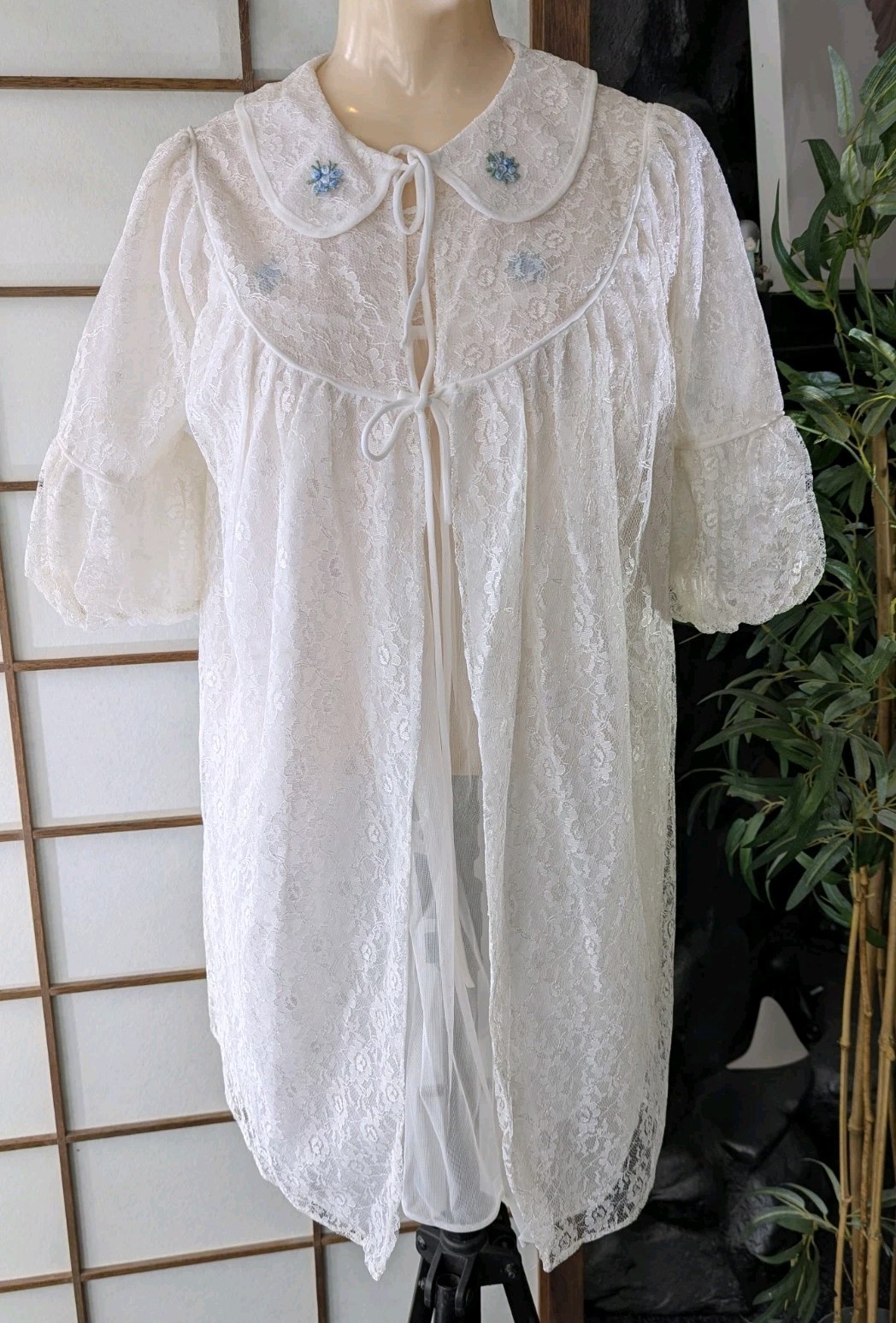 Vtg GMC Peignoir Robe Gown Lingerie Set White Chiffon Chantilly Lace Sz M 1960s