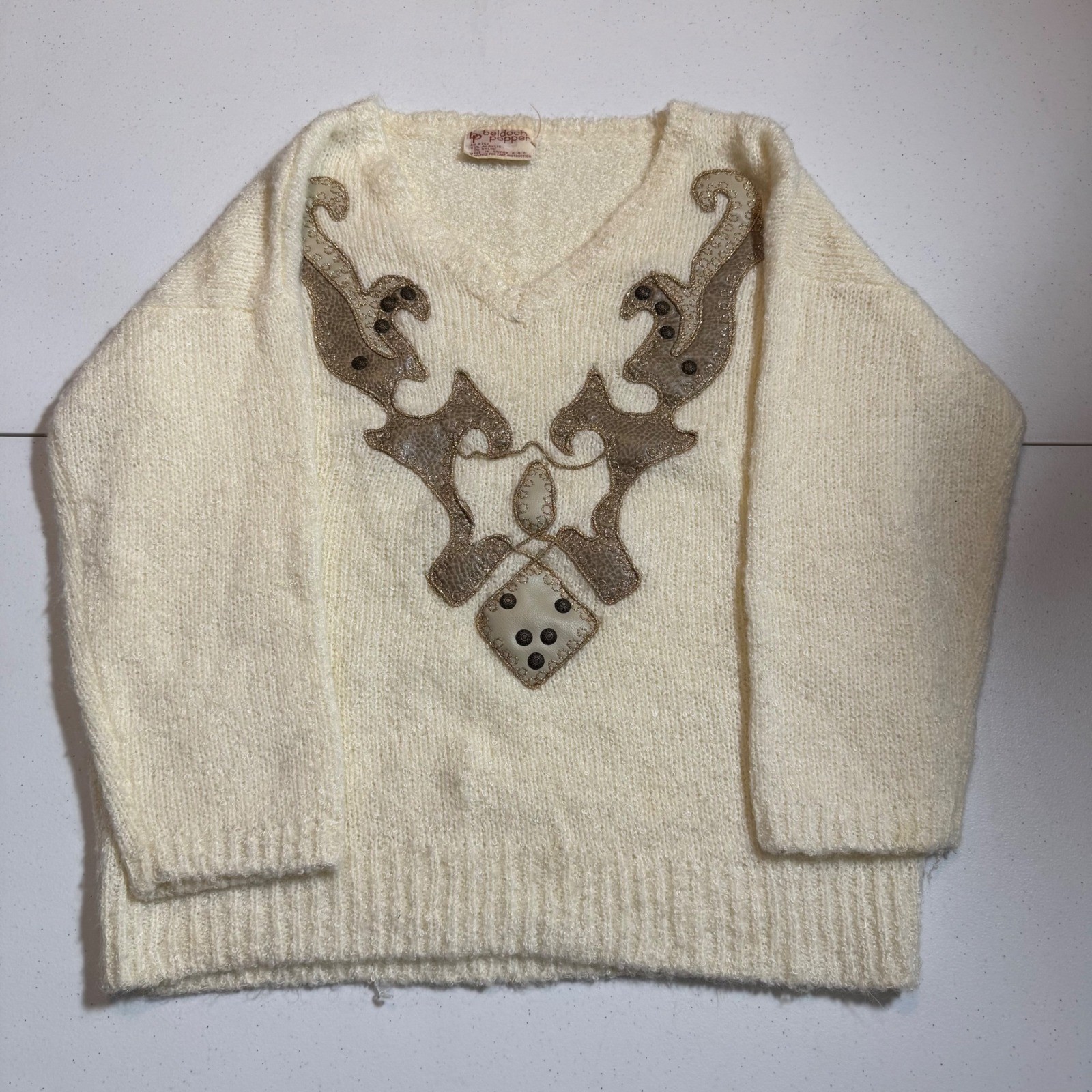 Vtg 80’s Beldoch Popper Vintage Cream Knit Sweater Bold Applique Cottagecore EUC