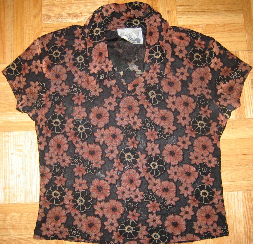 WOMENS VINTAGE BLACK SHEER CROP TOP BROWN COPPER FLOWER floral Small