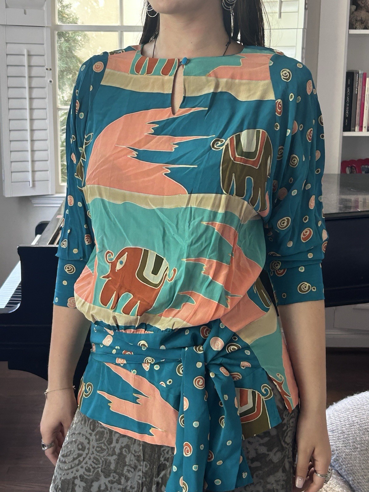 Vintage Silk Scapes M Hand Dyed 100% Silk Blouse Drop Waist Elephants