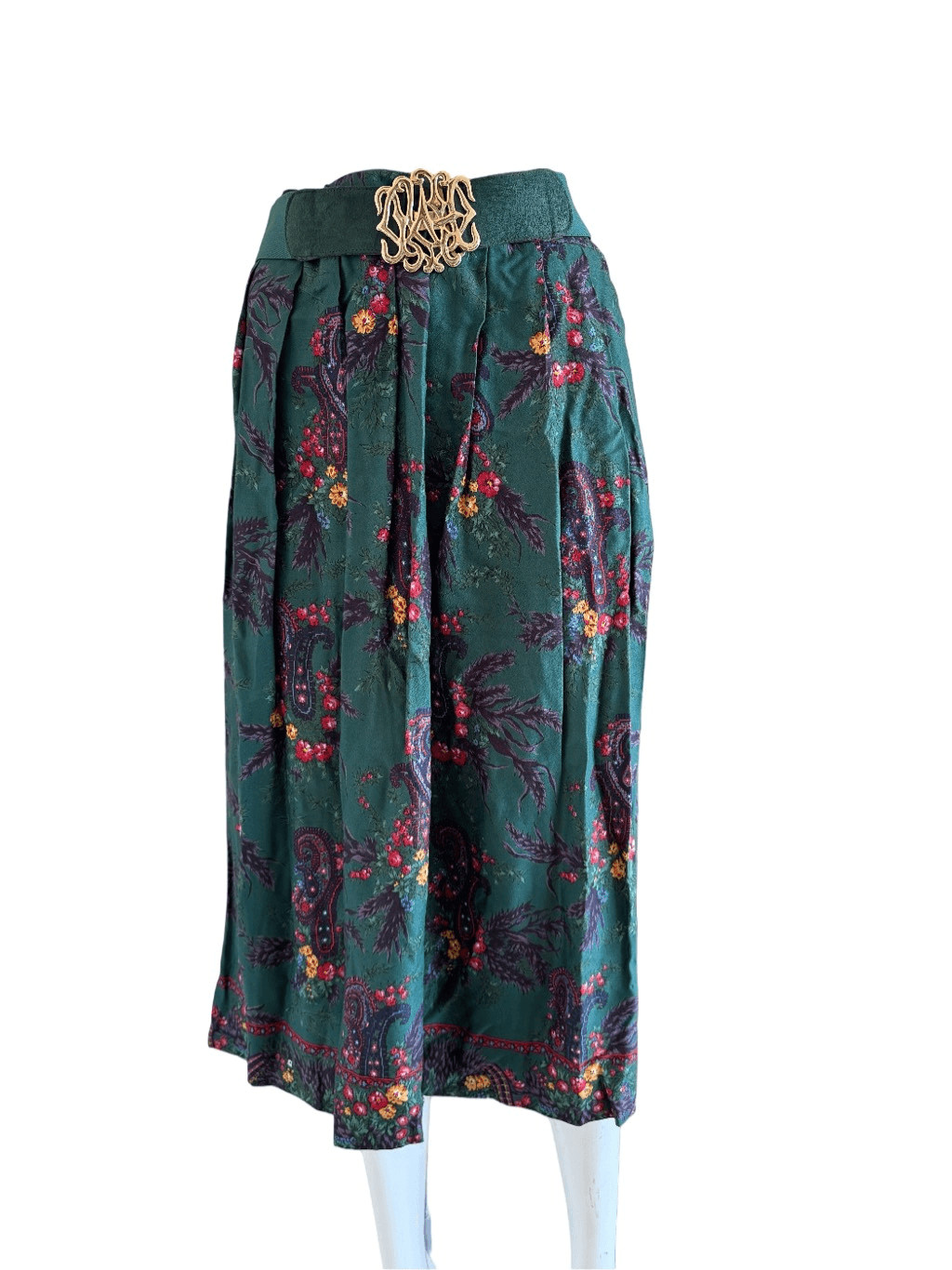 Susan Bristol green emerald floral A-line vintage 90’s women’s m skirt gold belt