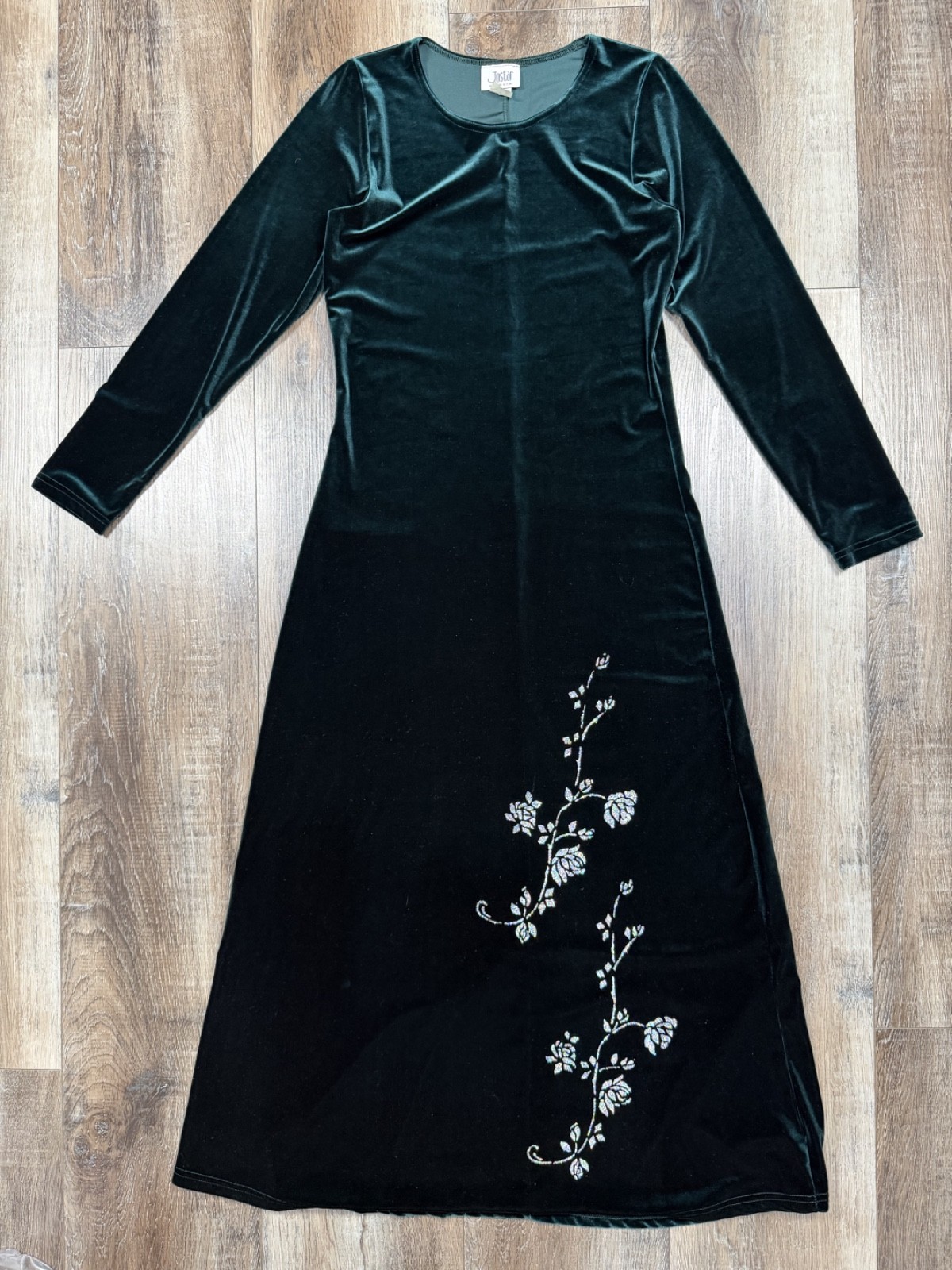 Vintage Emerald Green Velvet Maxi Dress Size Large Floral Glitter Jostar USA