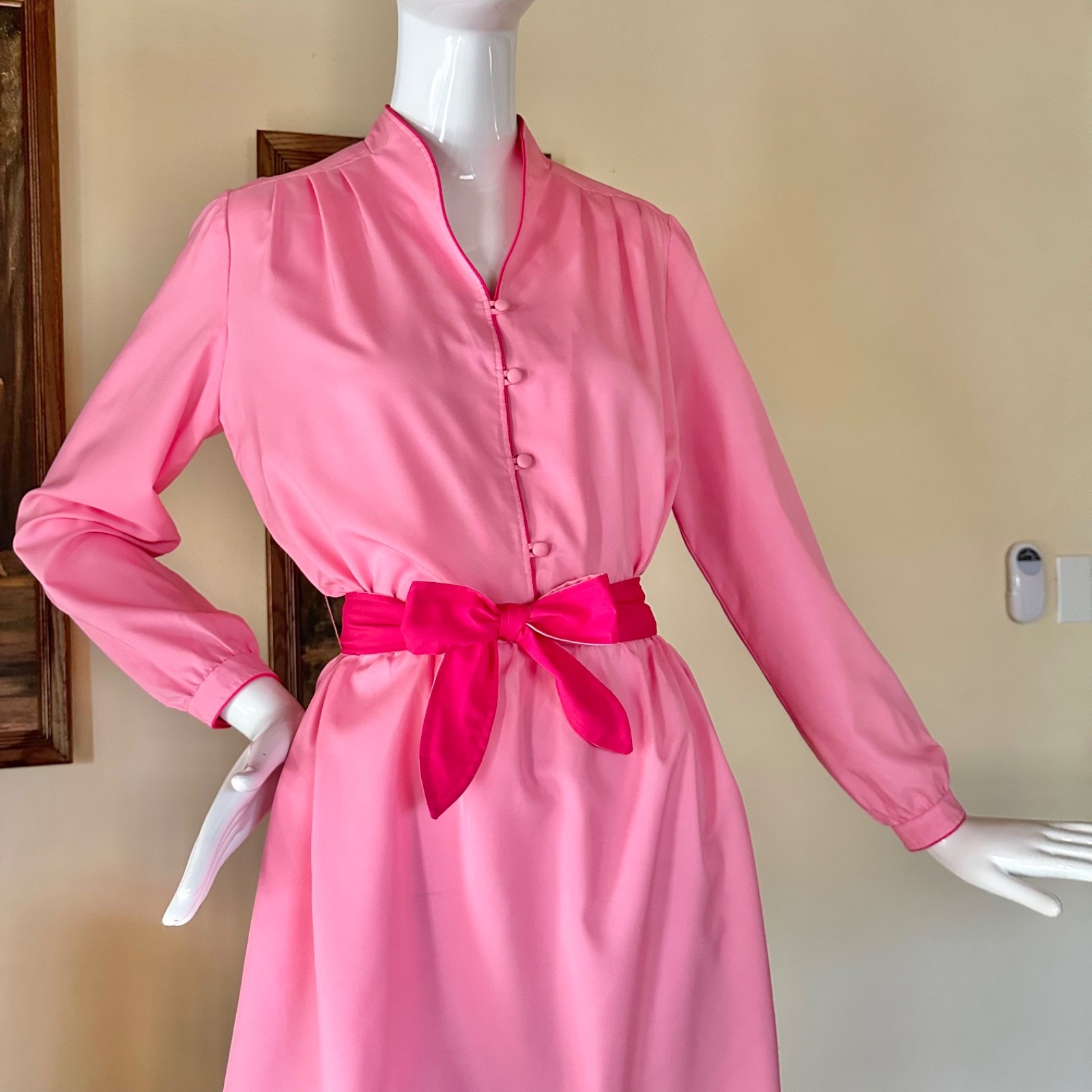 Vintage 1970s Bubblegum Pink Color Block Secretary Day Dress SATC Disco L