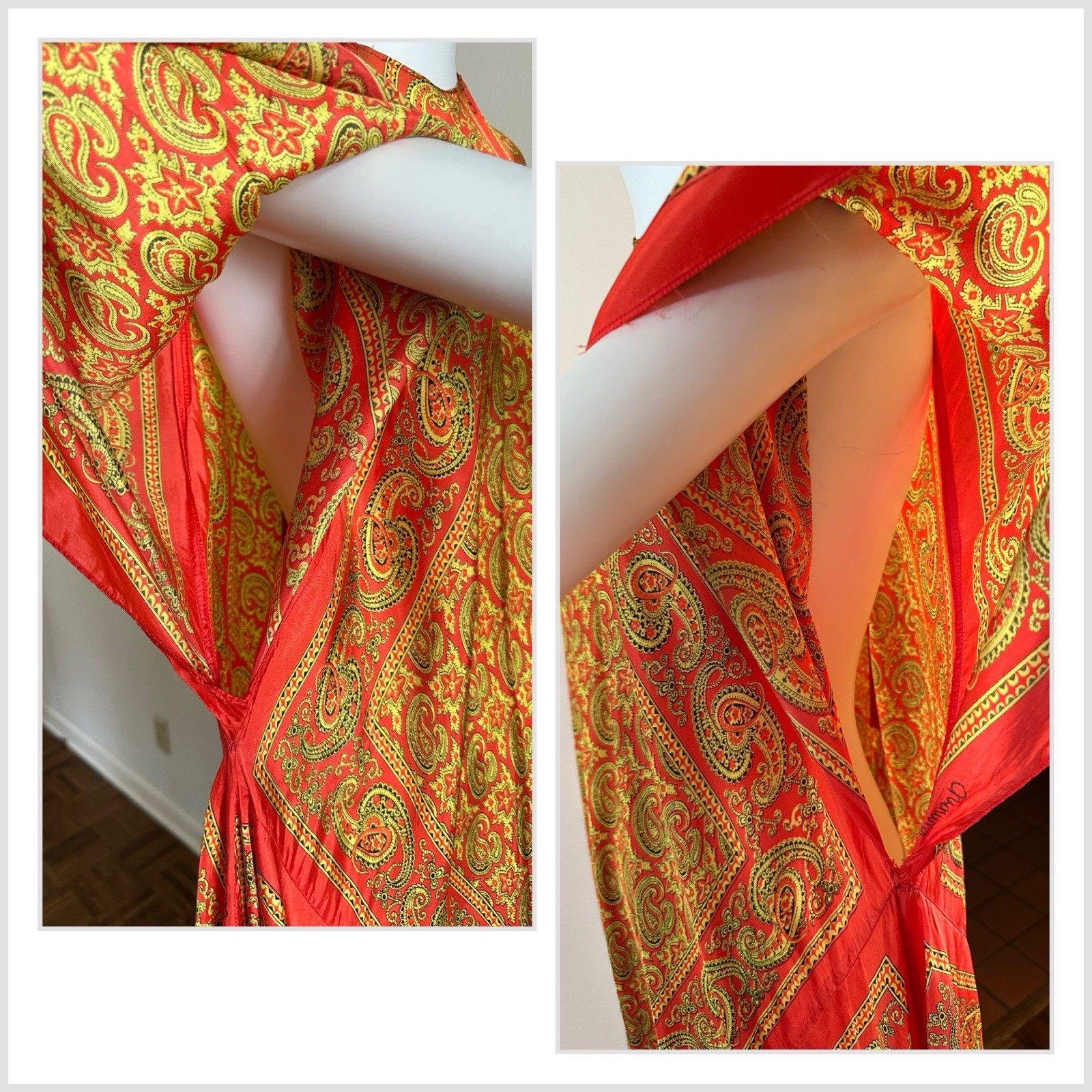 70s VTG Mexican Aramis Scarf Caftan Dress 63” Extra Long Tall Maxi Angel Sleeve