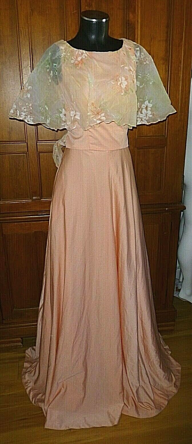 Vtg 70s Jersey Matte Cape Ruffle Floral Chiffon Boho Evening Wedding maxi Dress