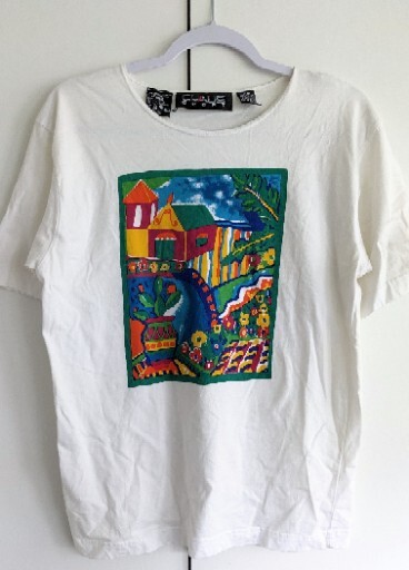 Vintage 80s Chaus Sport Art Tshirt Flowers House Red Yellow Green Blue