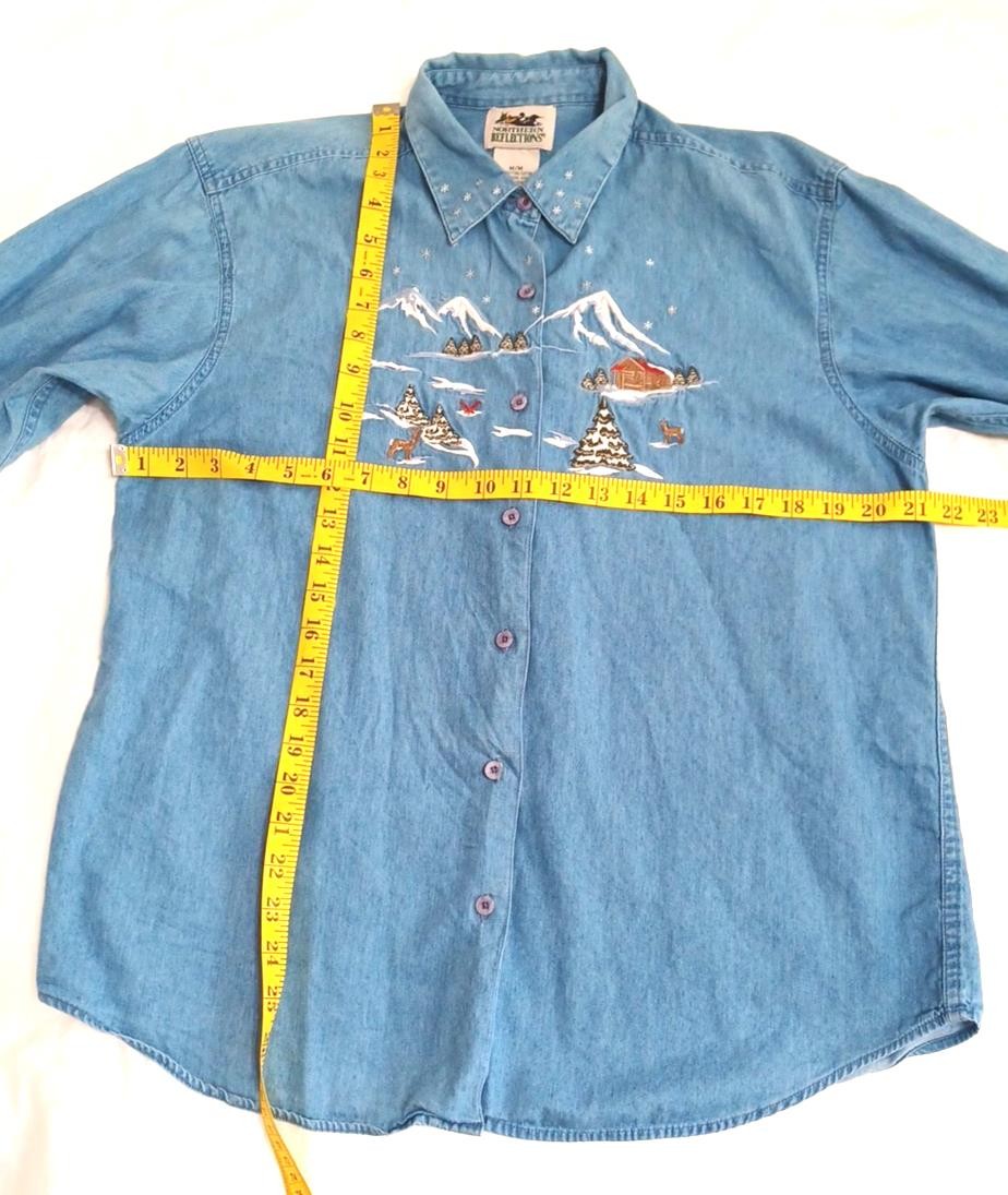 Northern Reflections VTG Denim Womens Shirt Sz M Mountain Snow Deer Cabin Winter